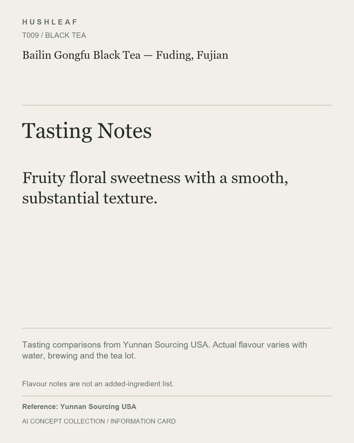 AI concept collection — tasting information card — Bailin Gongfu Black Tea — Fuding, Fujian