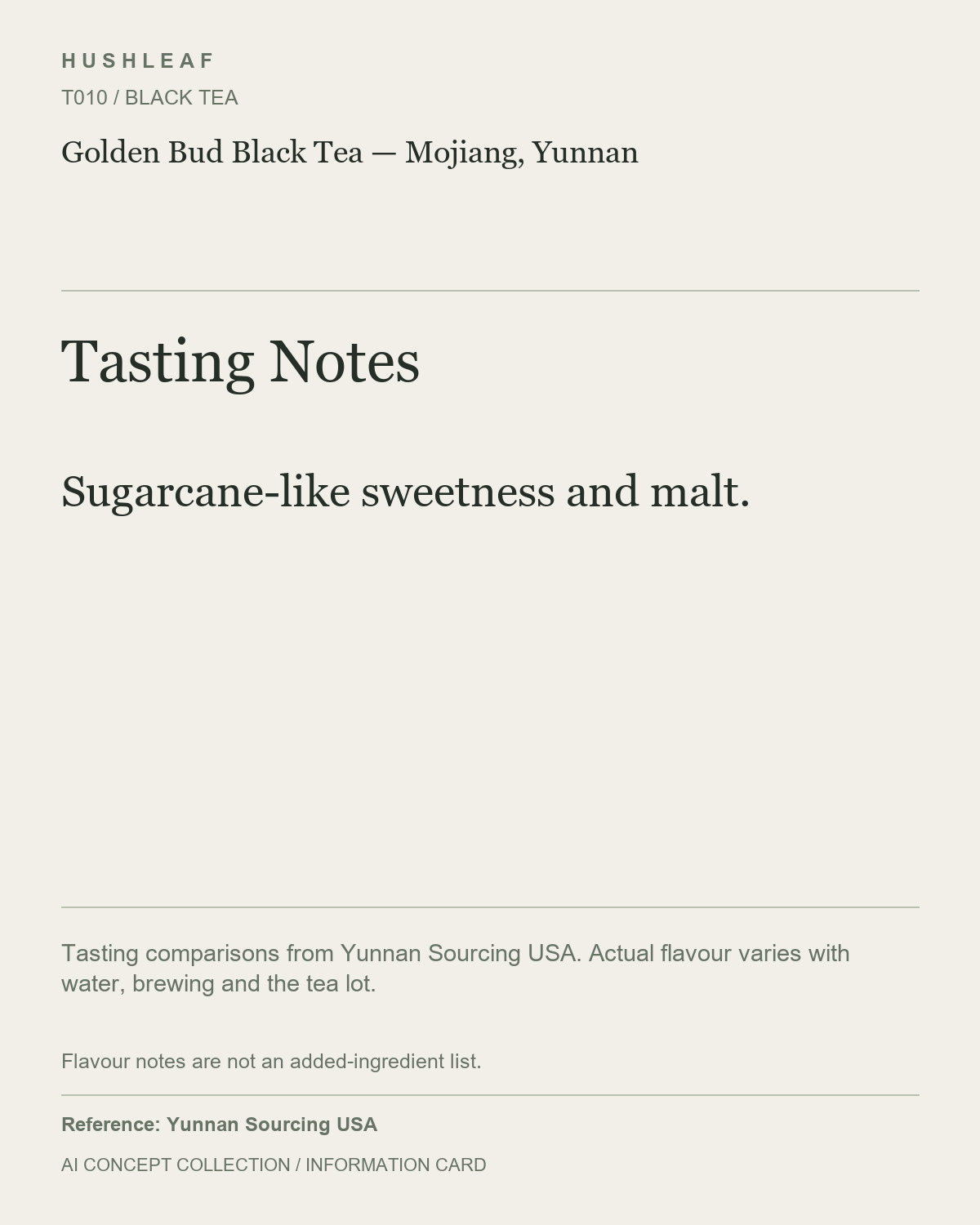 AI concept collection — tasting information card — Golden Bud Black Tea — Mojiang, Yunnan