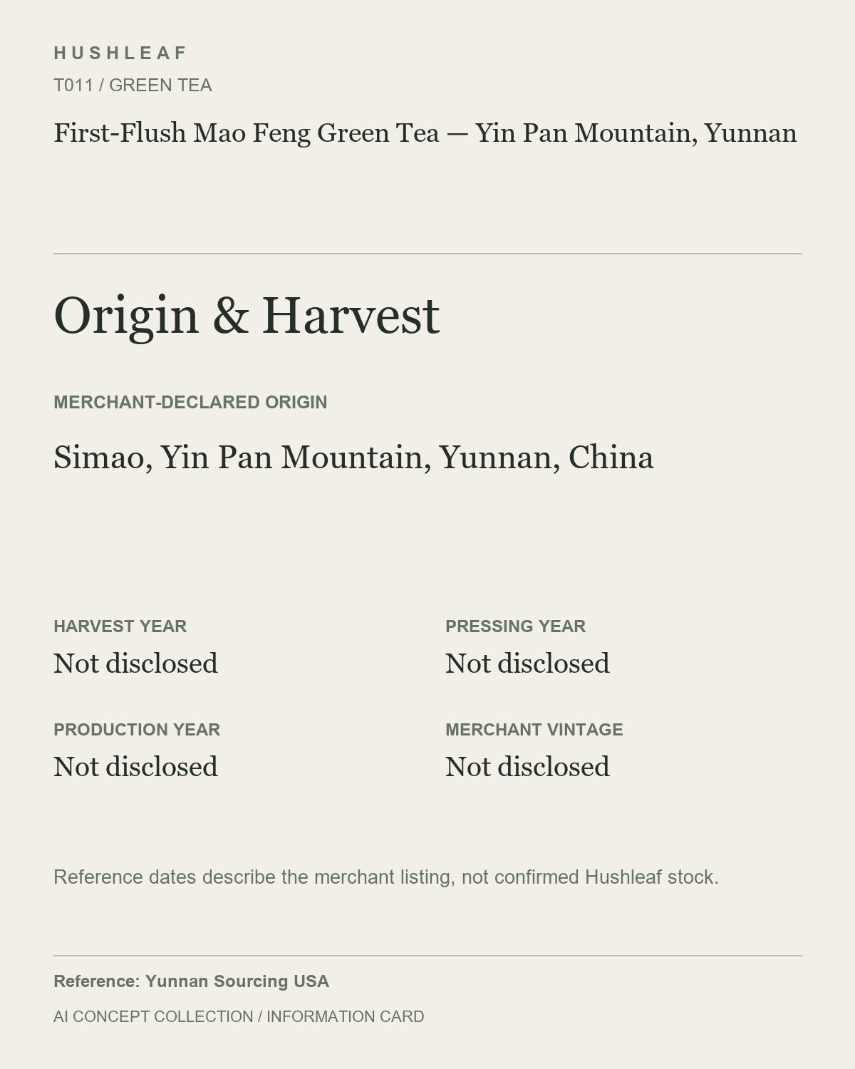 AI concept collection — origin harvest information card — First-Flush Mao Feng Green Tea — Yin Pan Mountain, Yunnan