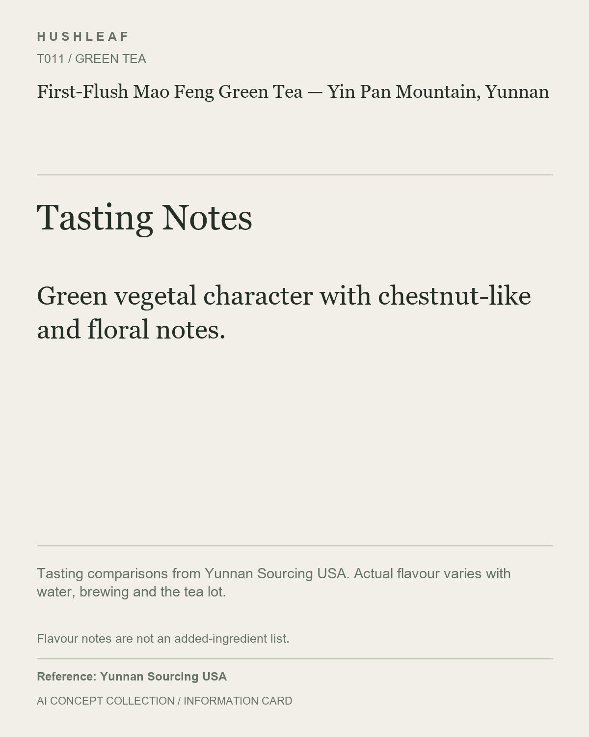 AI concept collection — tasting information card — First-Flush Mao Feng Green Tea — Yin Pan Mountain, Yunnan