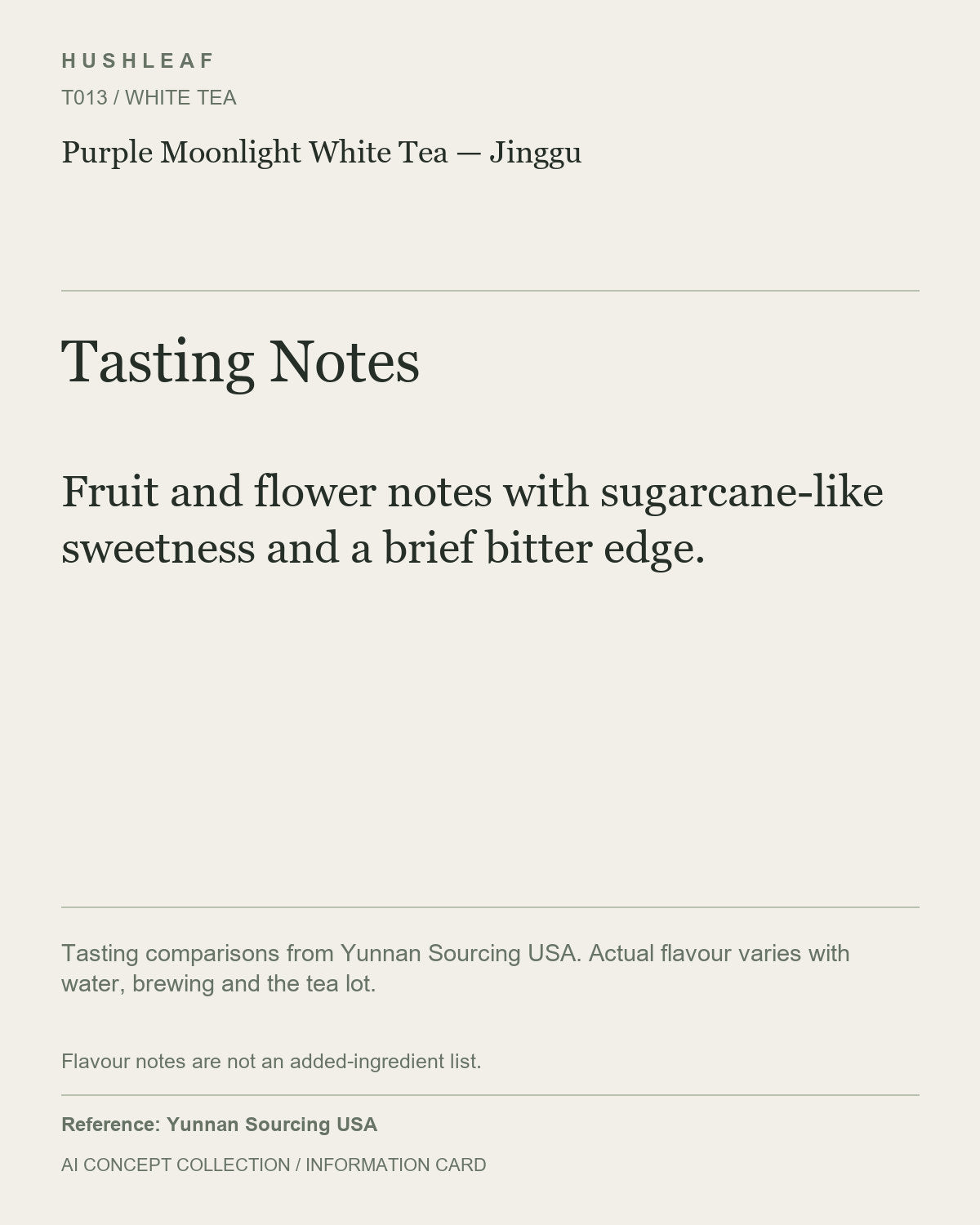 AI concept collection — tasting information card — Purple Moonlight White Tea — Jinggu
