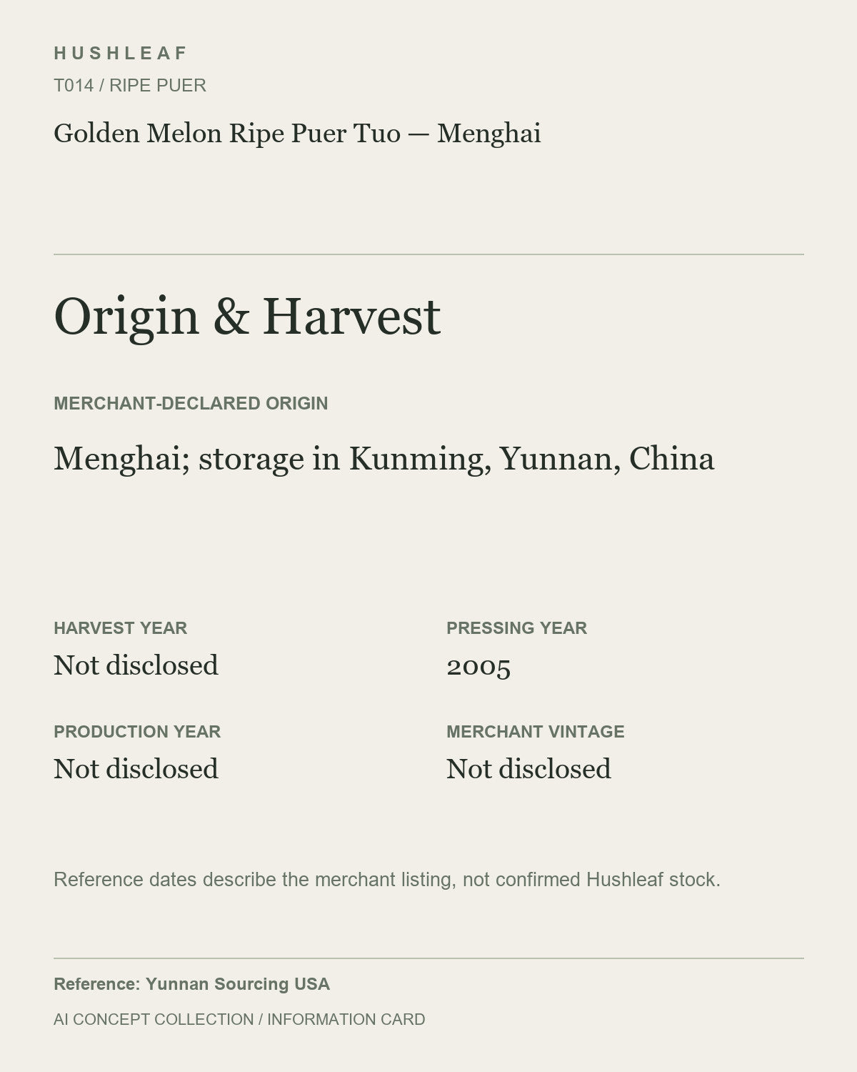 AI concept collection — origin harvest information card — Golden Melon Ripe Puer Tuo — Menghai