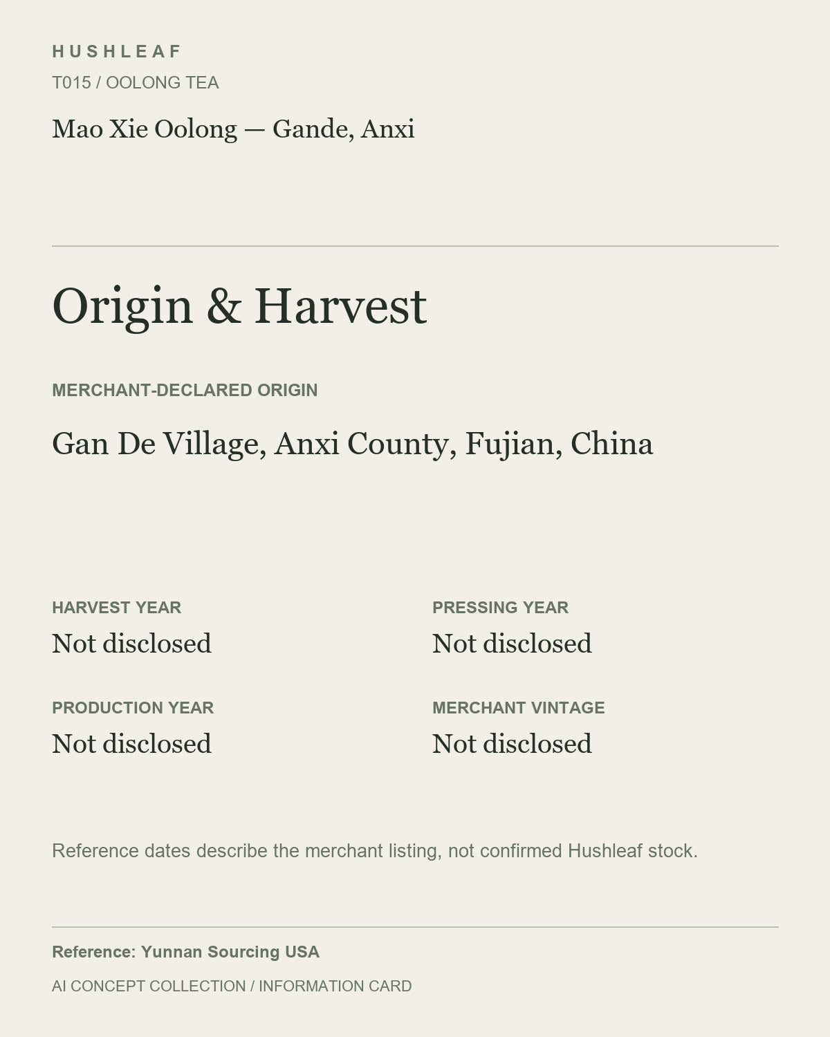 AI concept collection — origin harvest information card — Mao Xie Oolong — Gande, Anxi