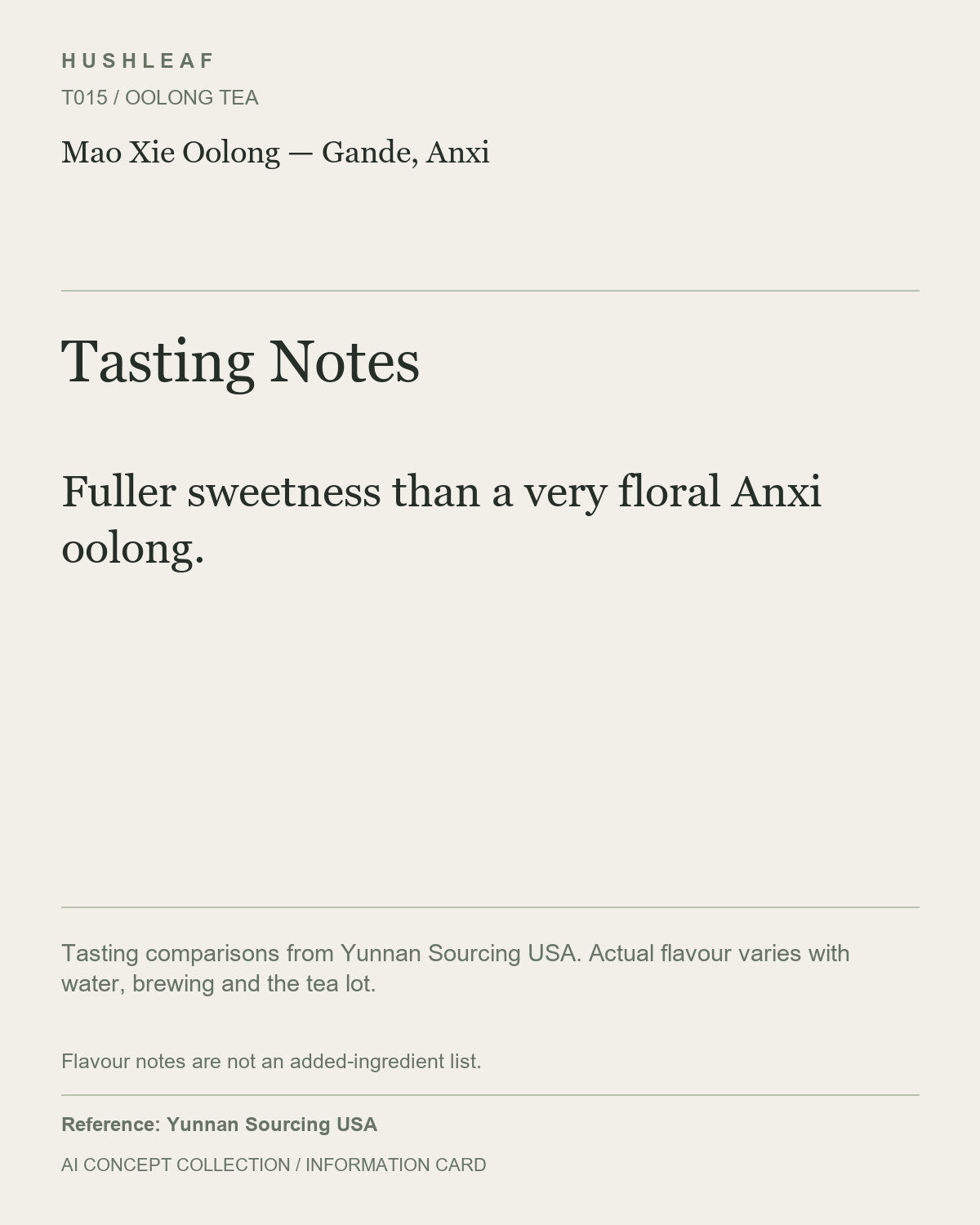 AI concept collection — tasting information card — Mao Xie Oolong — Gande, Anxi