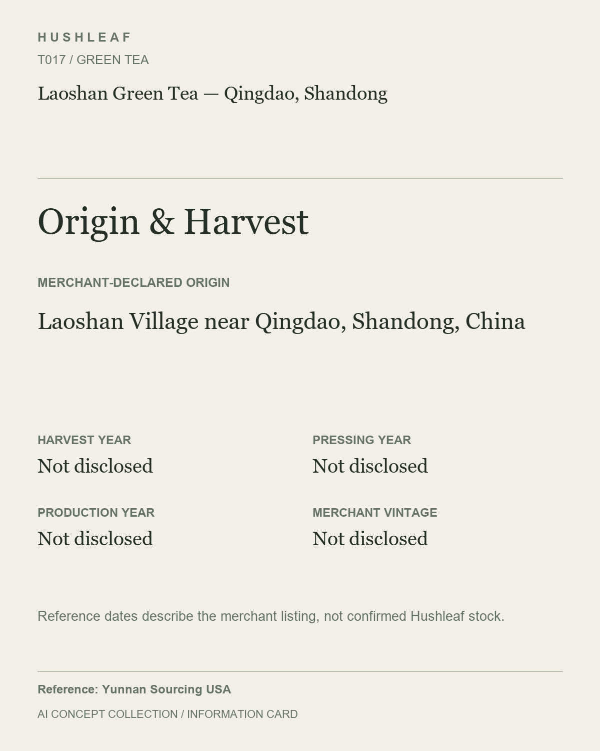 AI concept collection — origin harvest information card — Laoshan Green Tea — Qingdao, Shandong
