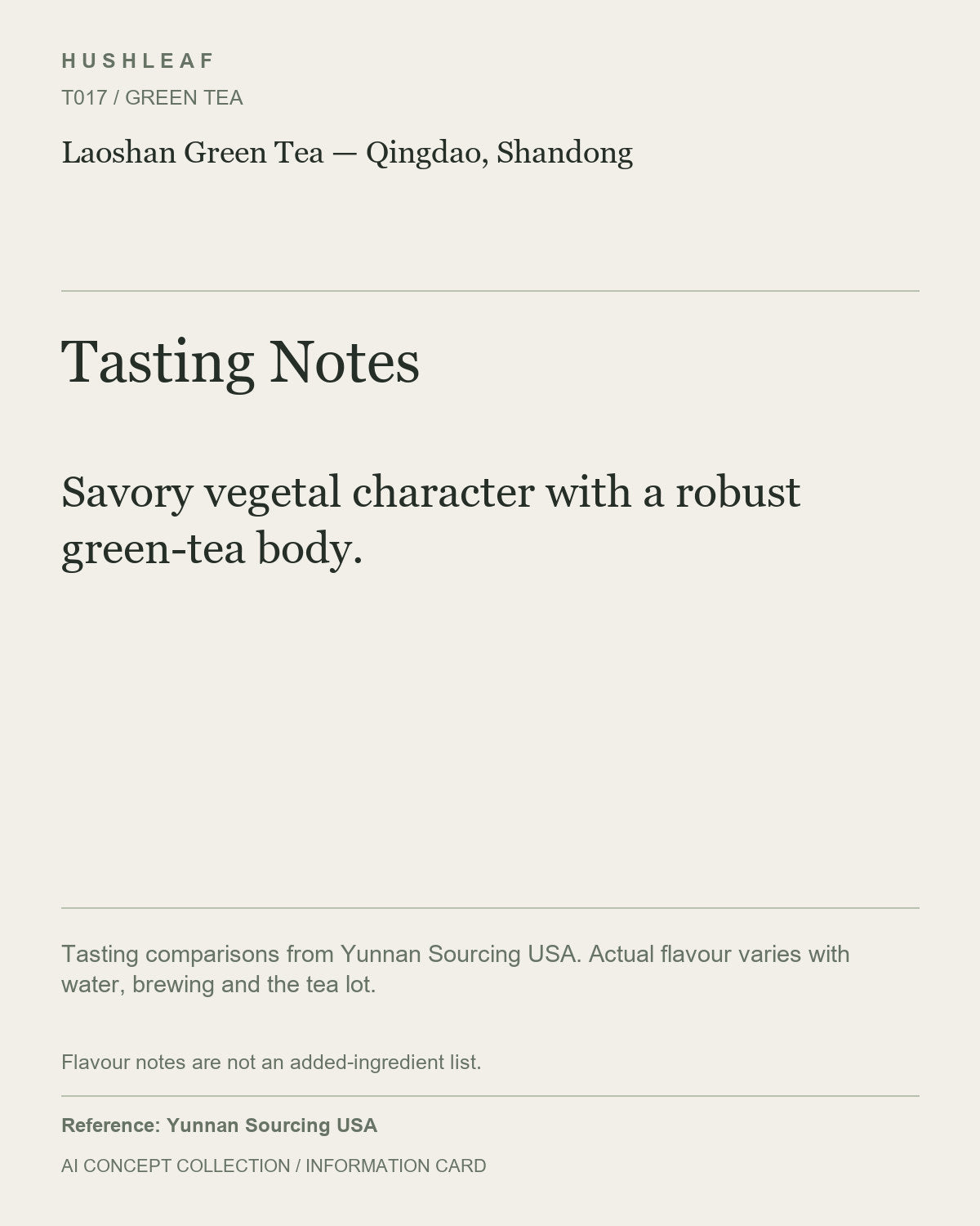 AI concept collection — tasting information card — Laoshan Green Tea — Qingdao, Shandong