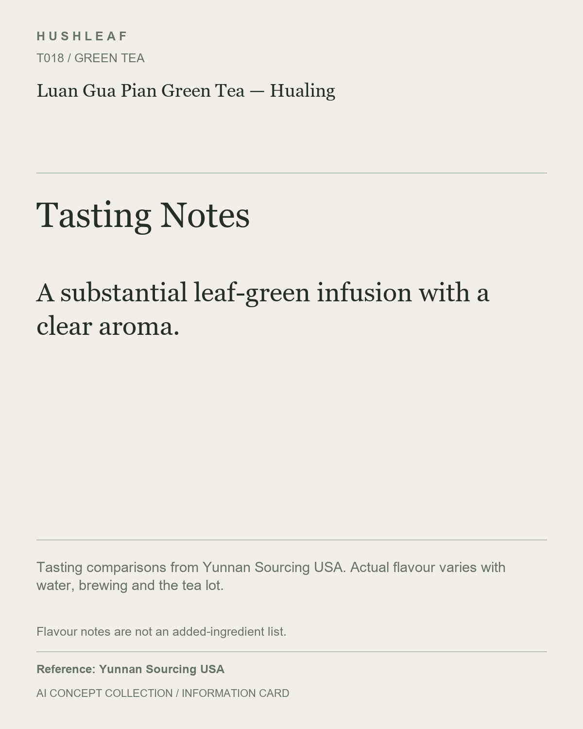 AI concept collection — tasting information card — Luan Gua Pian Green Tea — Hualing