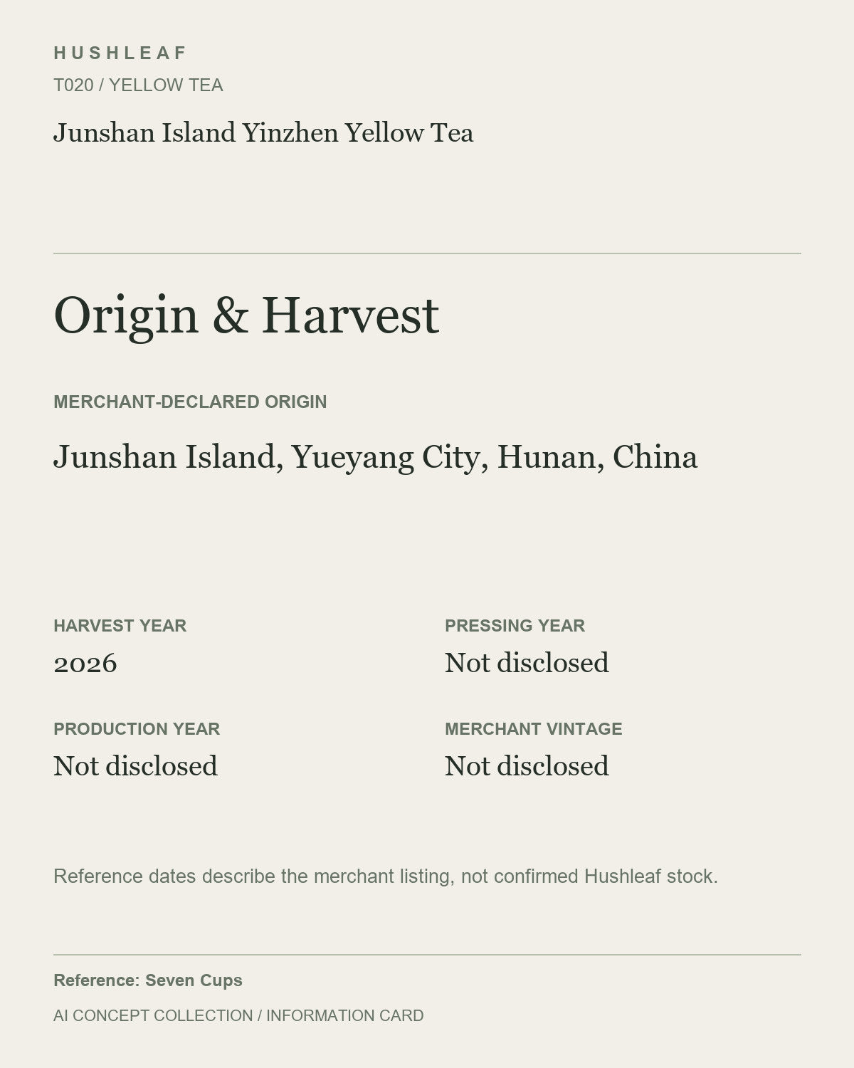 AI concept collection — origin harvest information card — Junshan Island Yinzhen Yellow Tea