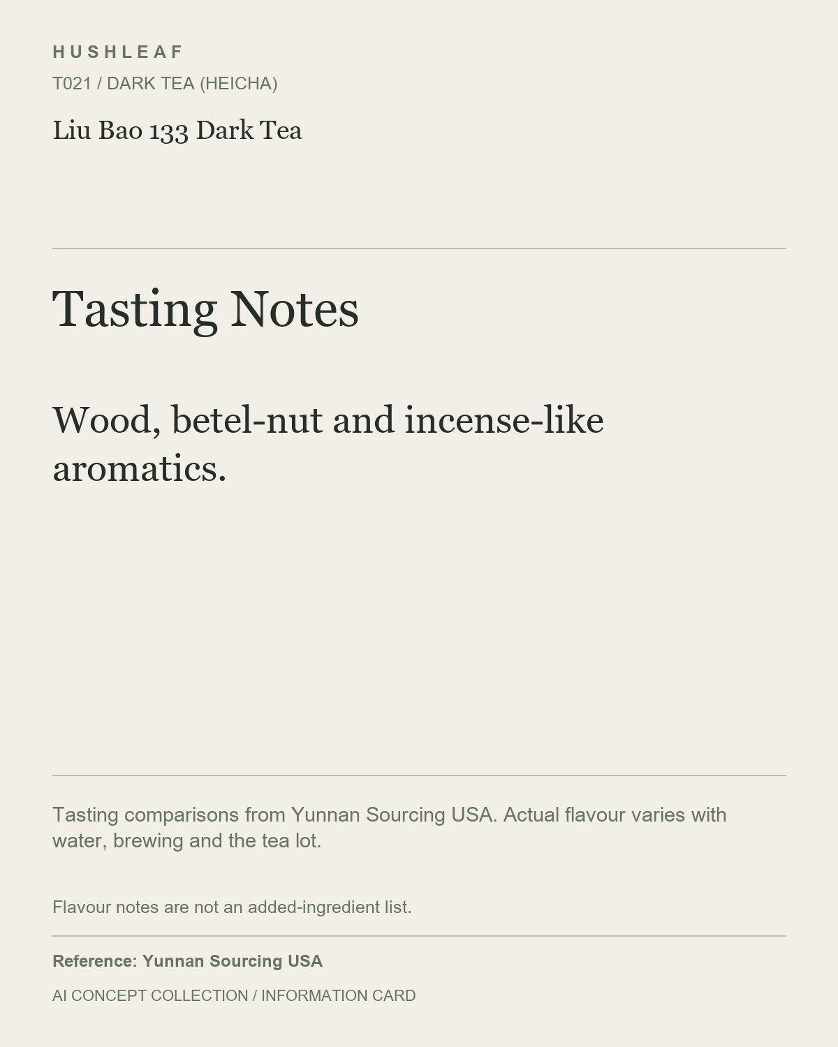 AI concept collection — tasting information card — Liu Bao 133 Dark Tea