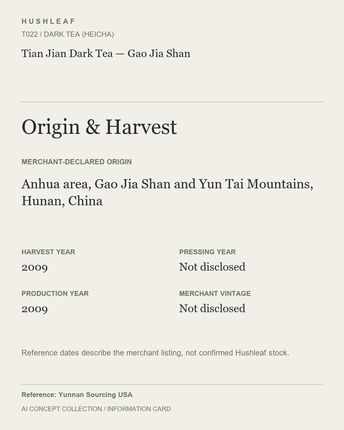 AI concept collection — origin harvest information card — Tian Jian Dark Tea — Gao Jia Shan