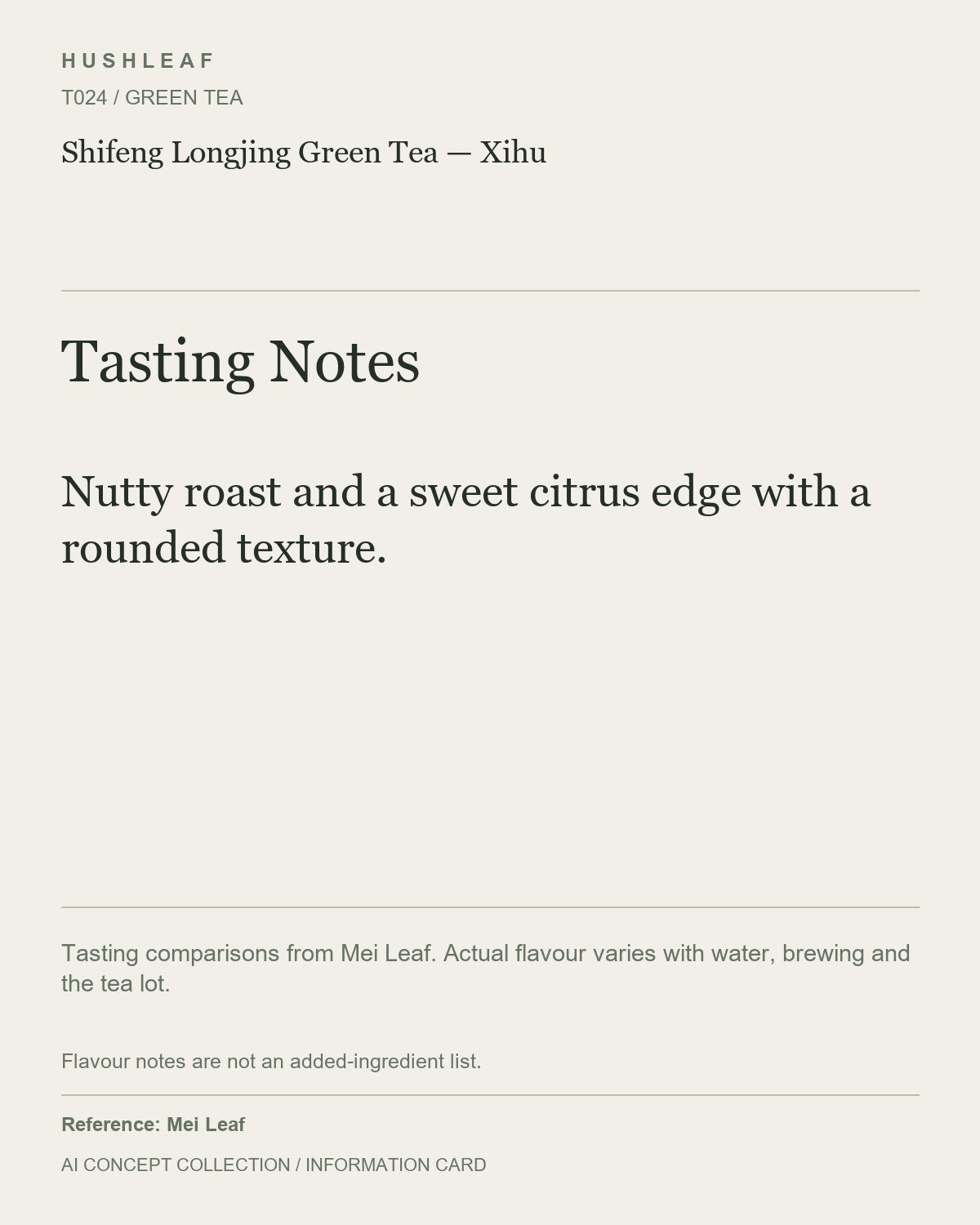 AI concept collection — tasting information card — Shifeng Longjing Green Tea — Xihu