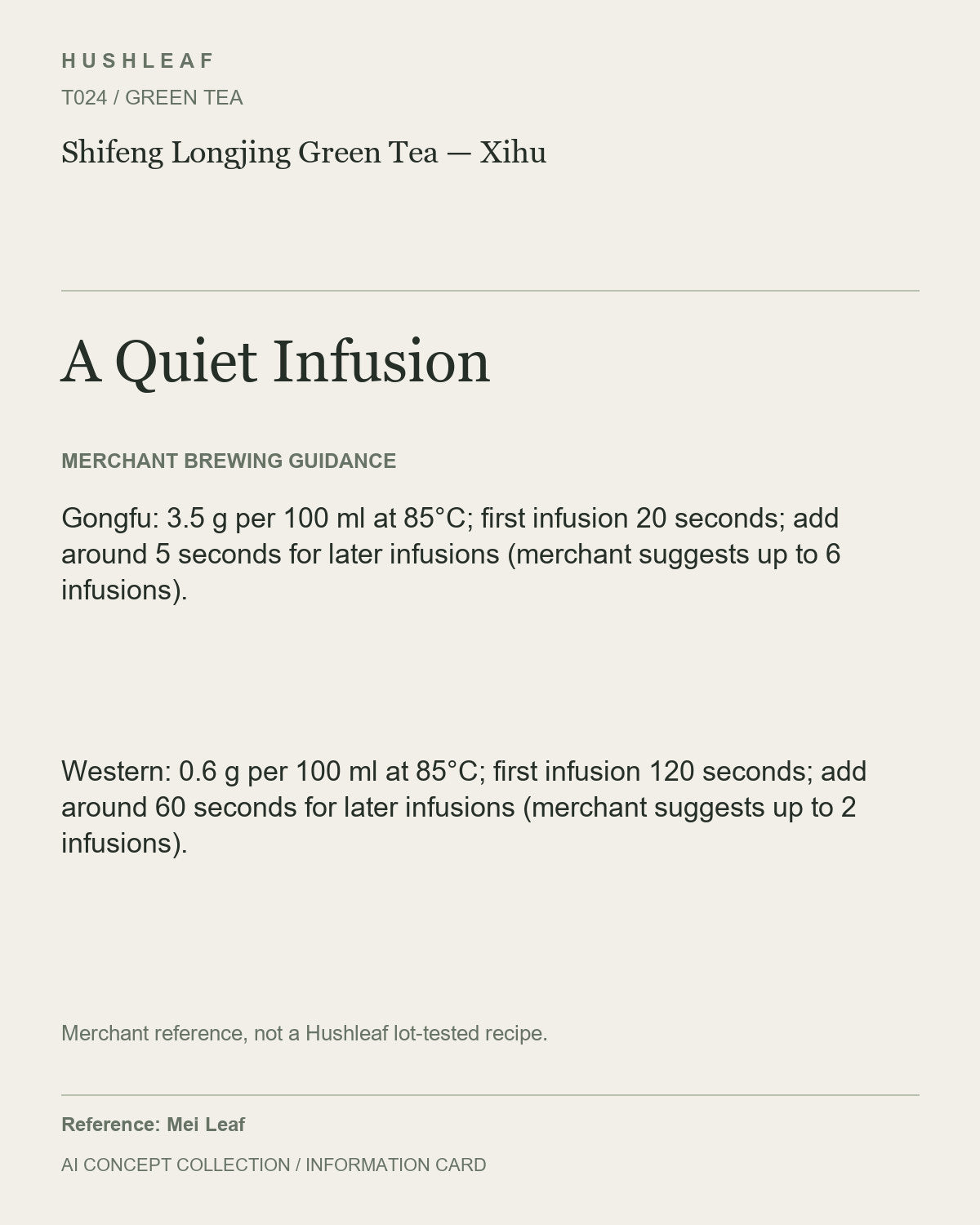 AI concept collection — brewing information card — Shifeng Longjing Green Tea — Xihu