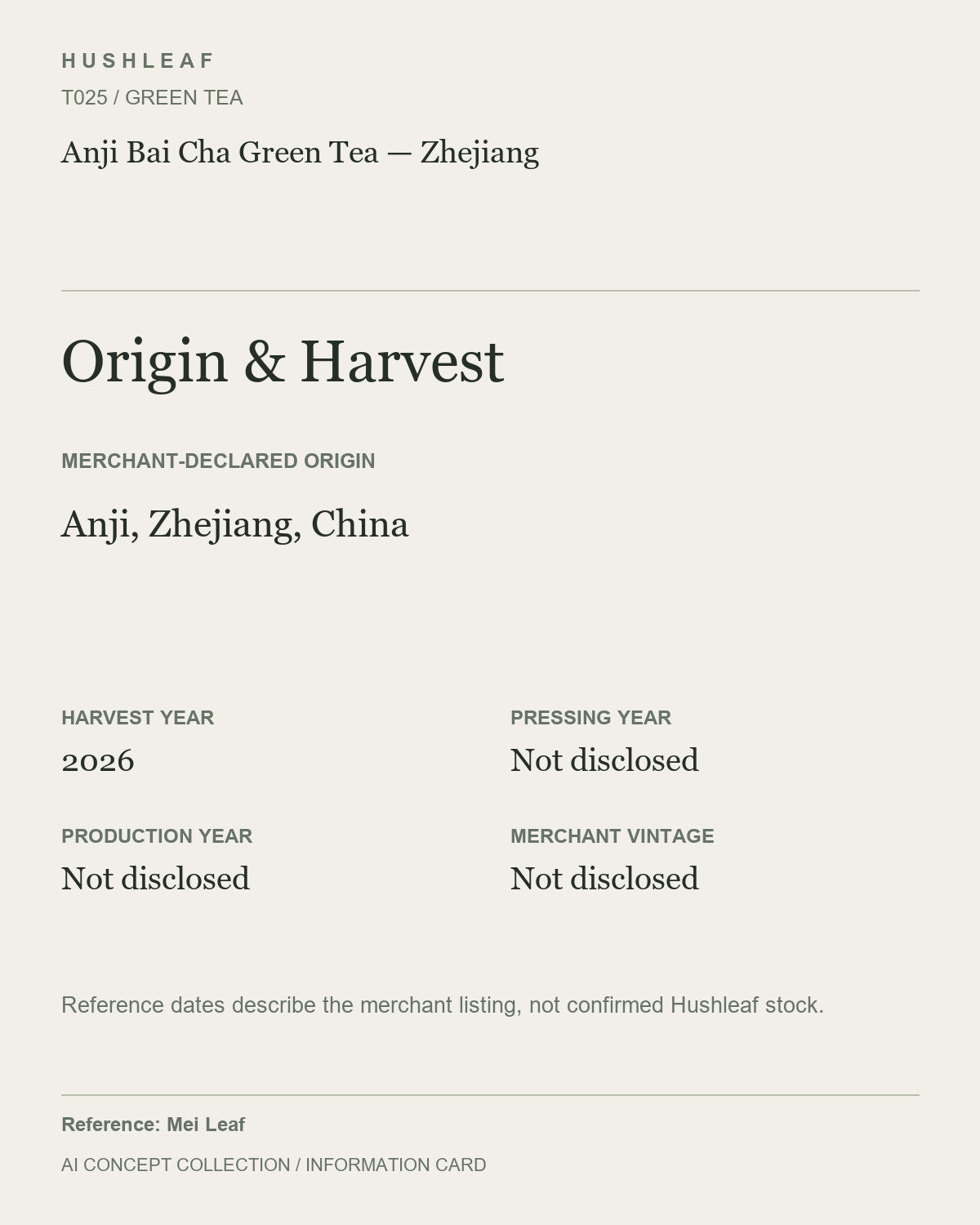 AI concept collection — origin harvest information card — Anji Bai Cha Green Tea — Zhejiang