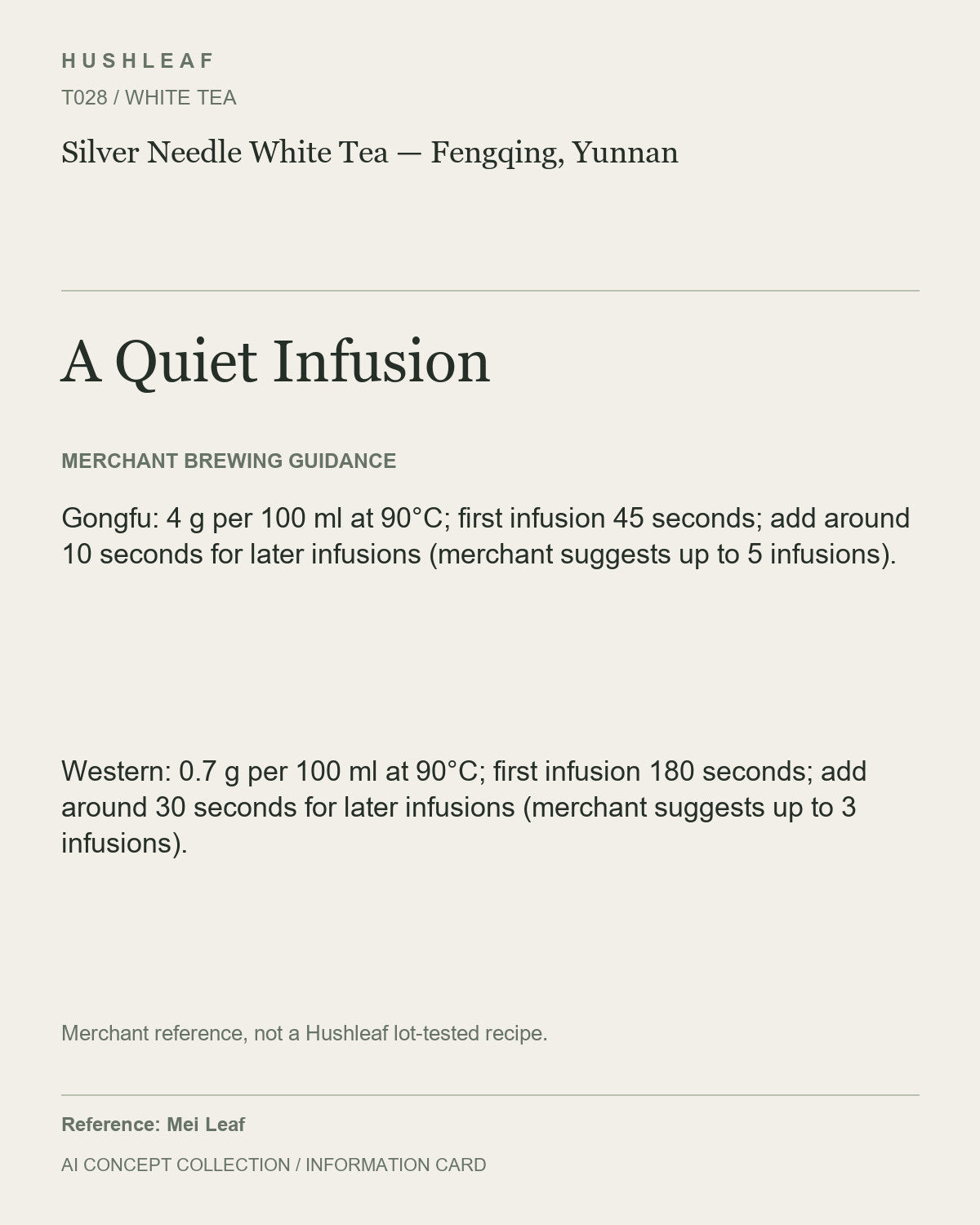AI concept collection — brewing information card — Silver Needle White Tea — Fengqing, Yunnan