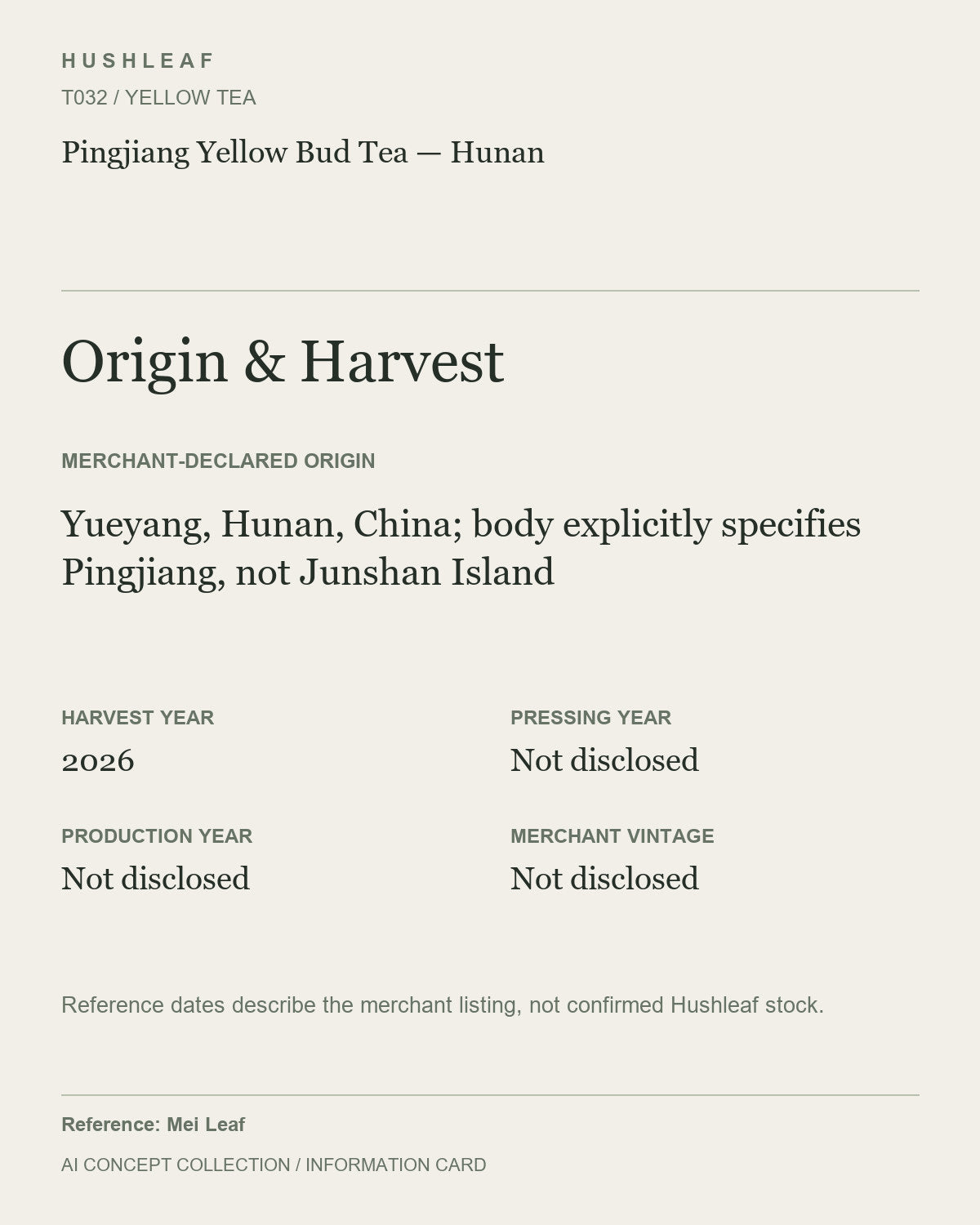 AI concept collection — origin harvest information card — Pingjiang Yellow Bud Tea — Hunan