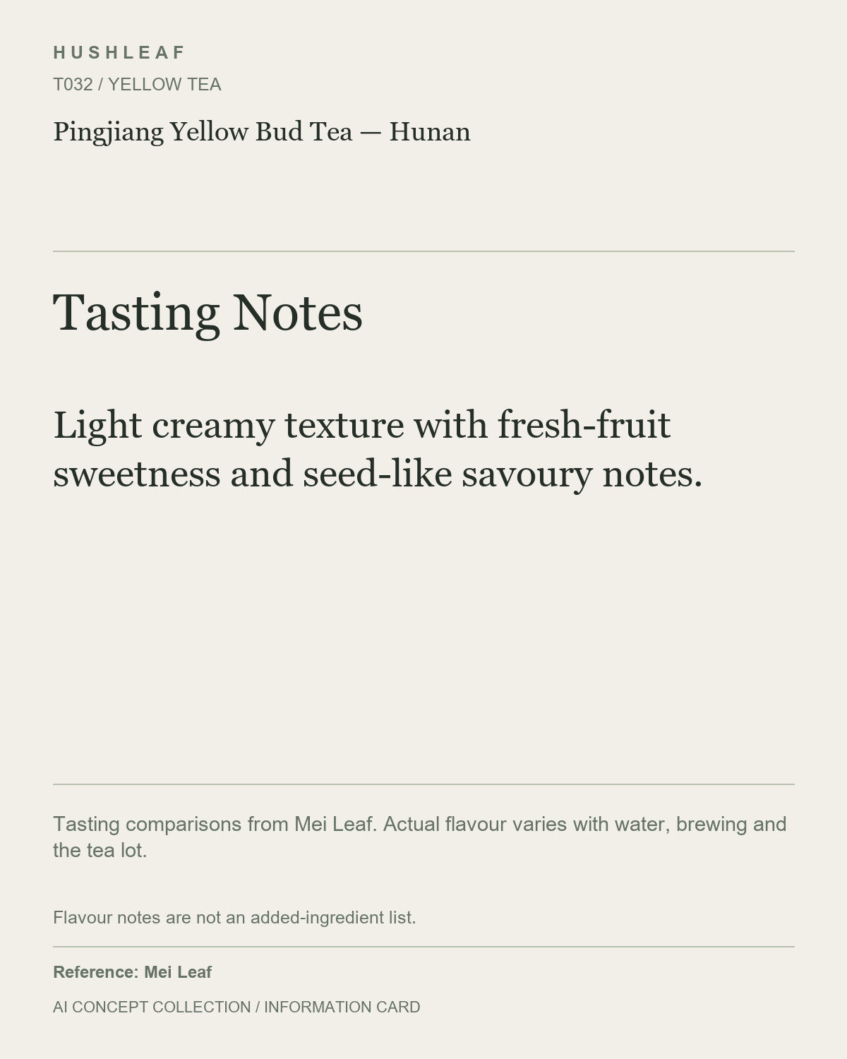 AI concept collection — tasting information card — Pingjiang Yellow Bud Tea — Hunan
