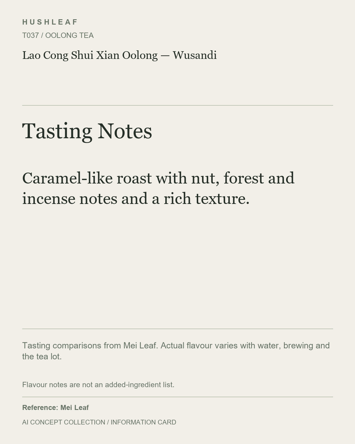 AI concept collection — tasting information card — Lao Cong Shui Xian Oolong — Wusandi