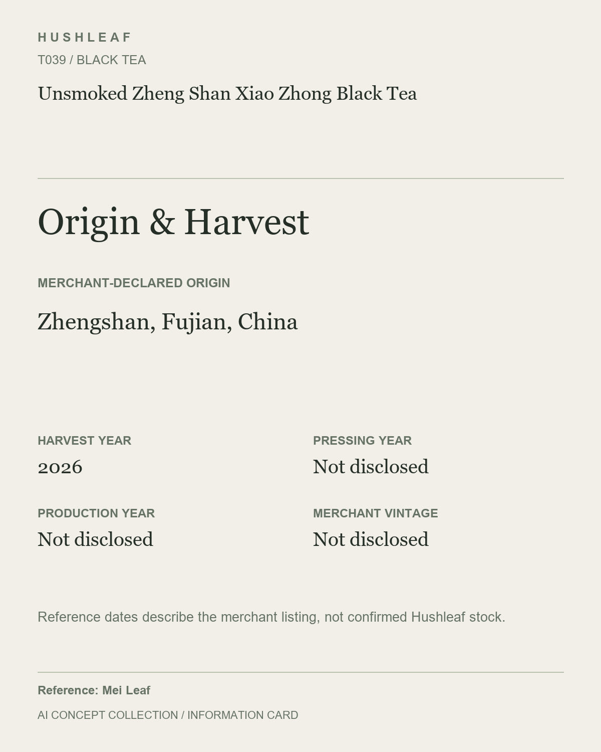AI concept collection — origin harvest information card — Unsmoked Zheng Shan Xiao Zhong Black Tea