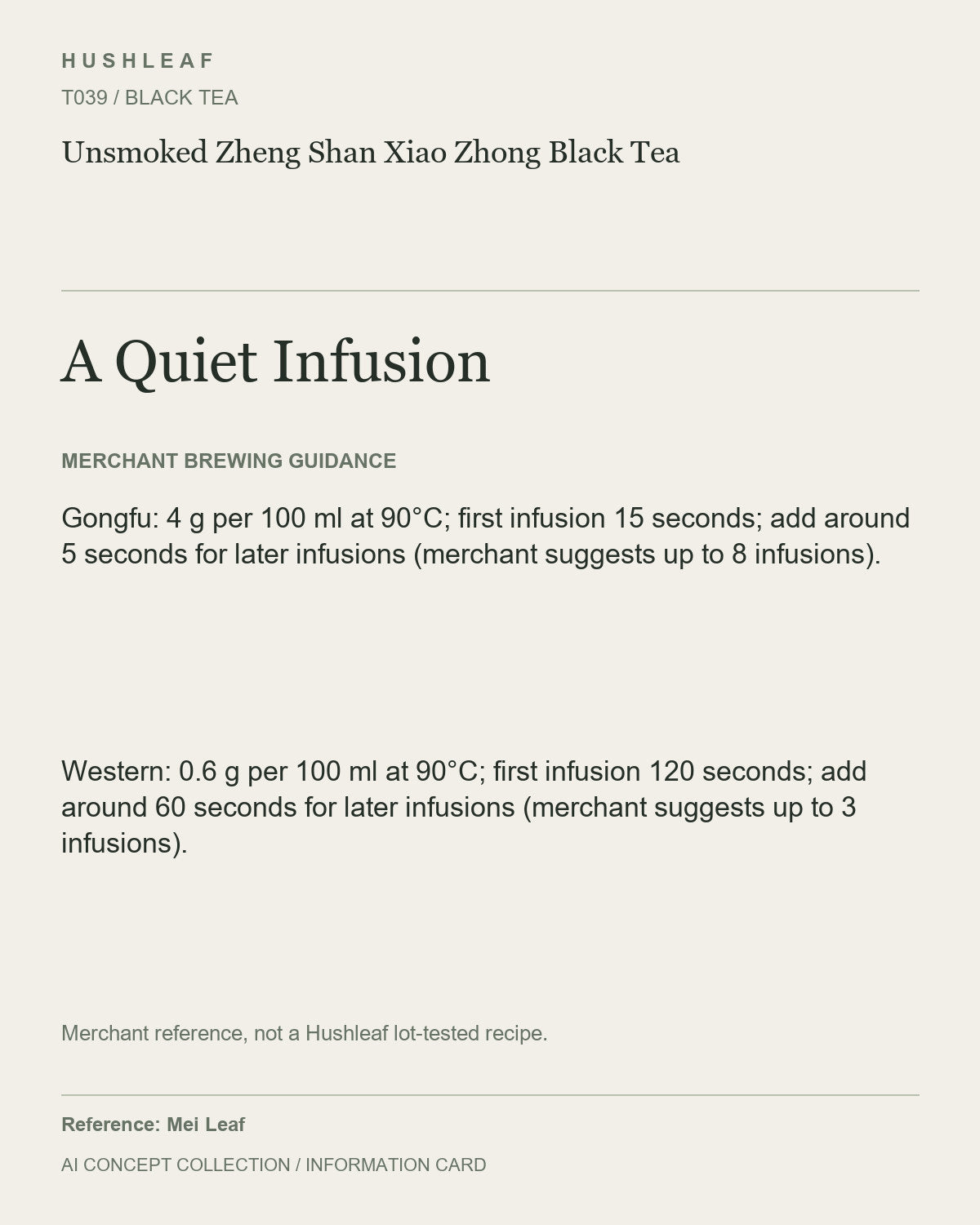 AI concept collection — brewing information card — Unsmoked Zheng Shan Xiao Zhong Black Tea