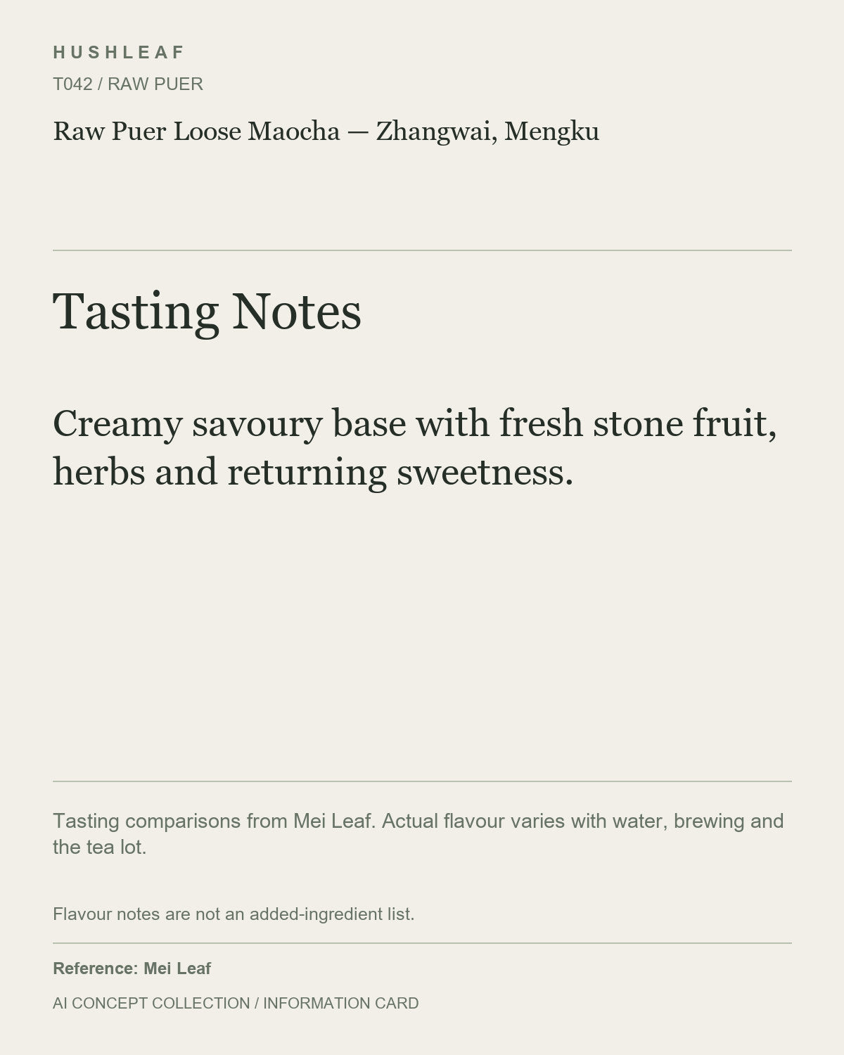 AI concept collection — tasting information card — Raw Puer Loose Maocha — Zhangwai, Mengku