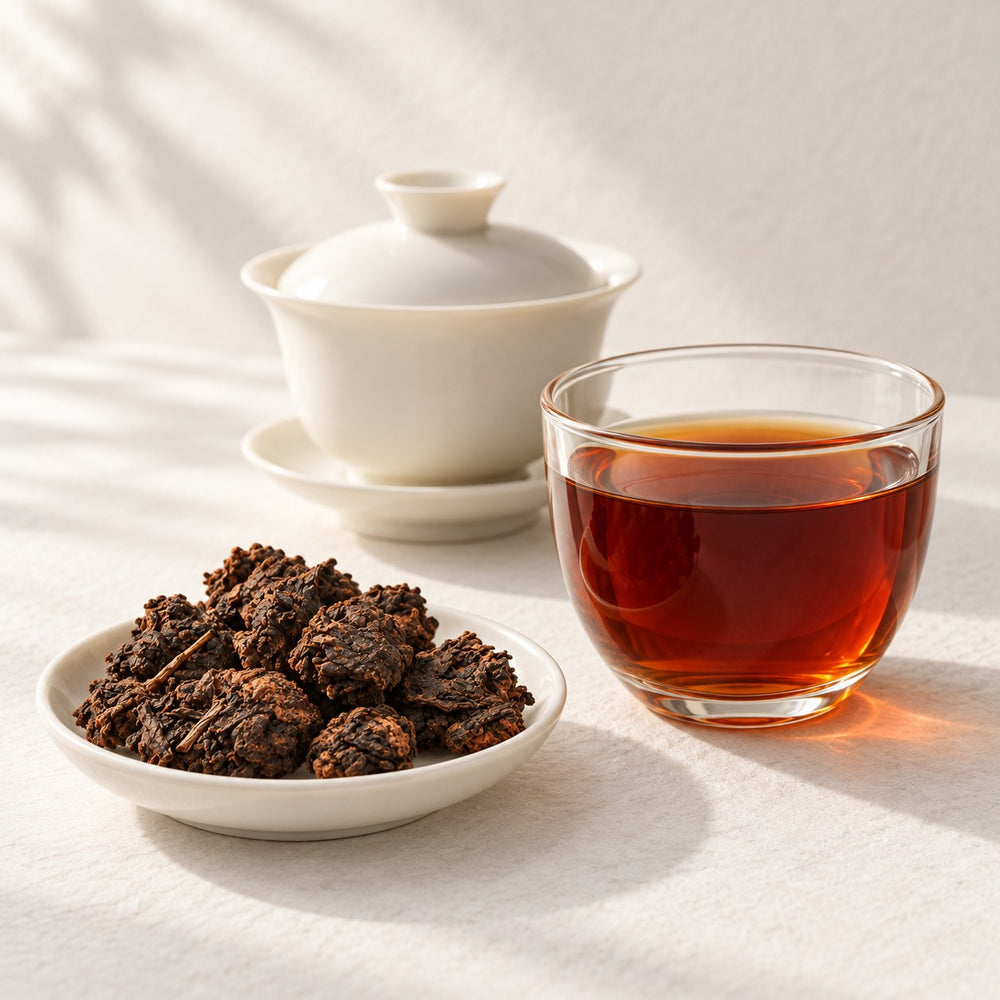 AI brewing scene concept — Lao Cha Tou Ripe Puer Nuggets — Mengku