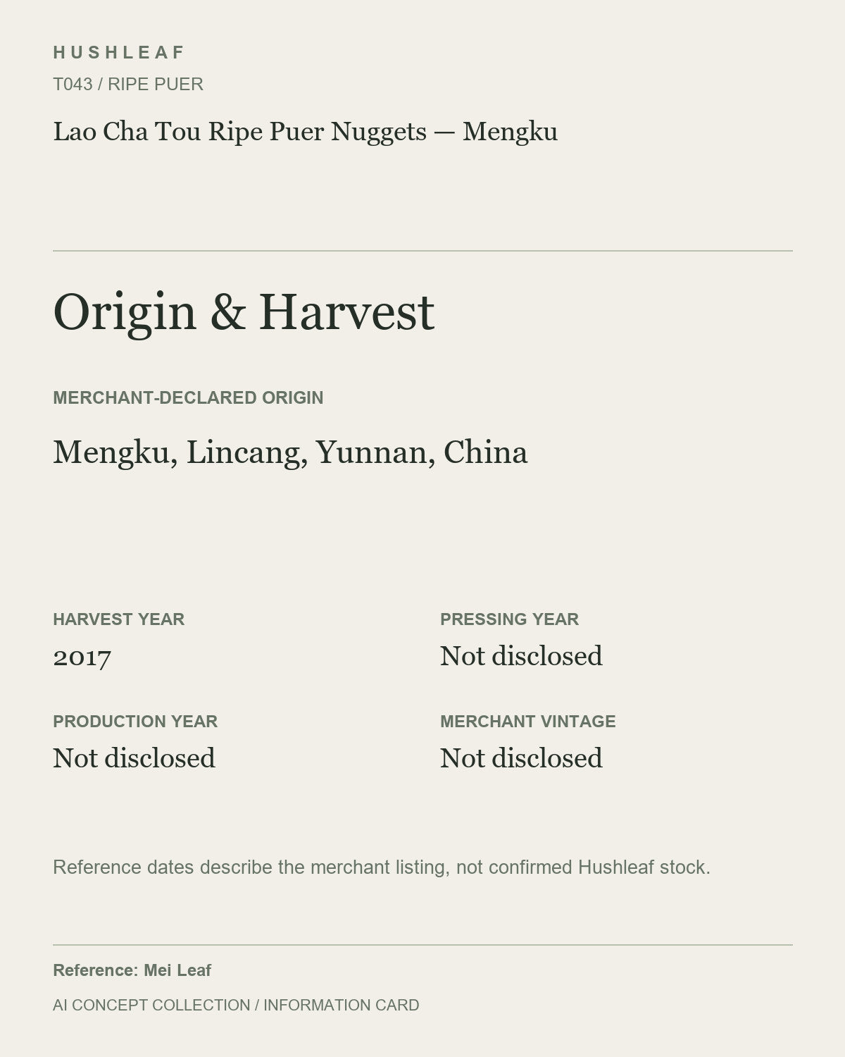 AI concept collection — origin harvest information card — Lao Cha Tou Ripe Puer Nuggets — Mengku