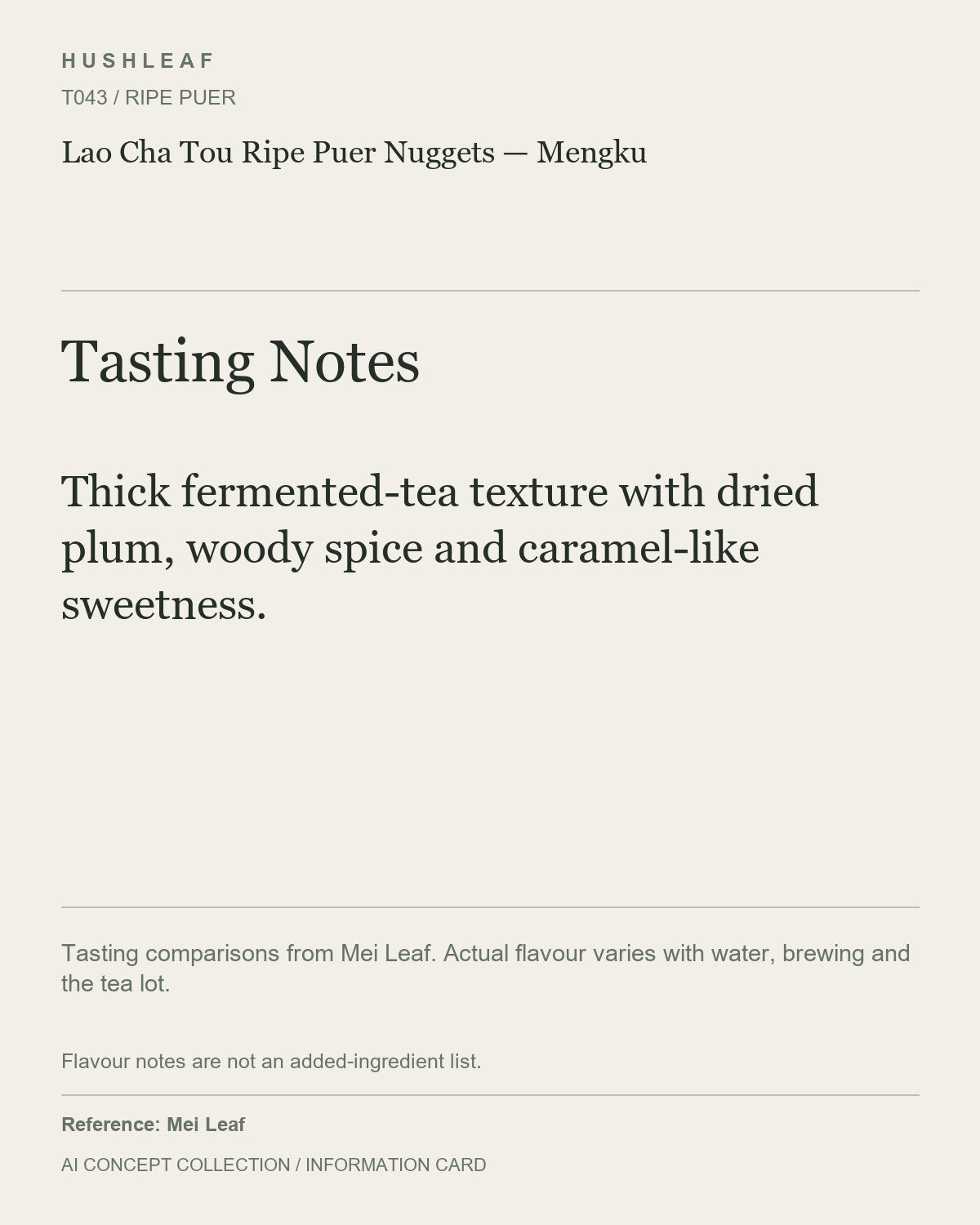 AI concept collection — tasting information card — Lao Cha Tou Ripe Puer Nuggets — Mengku