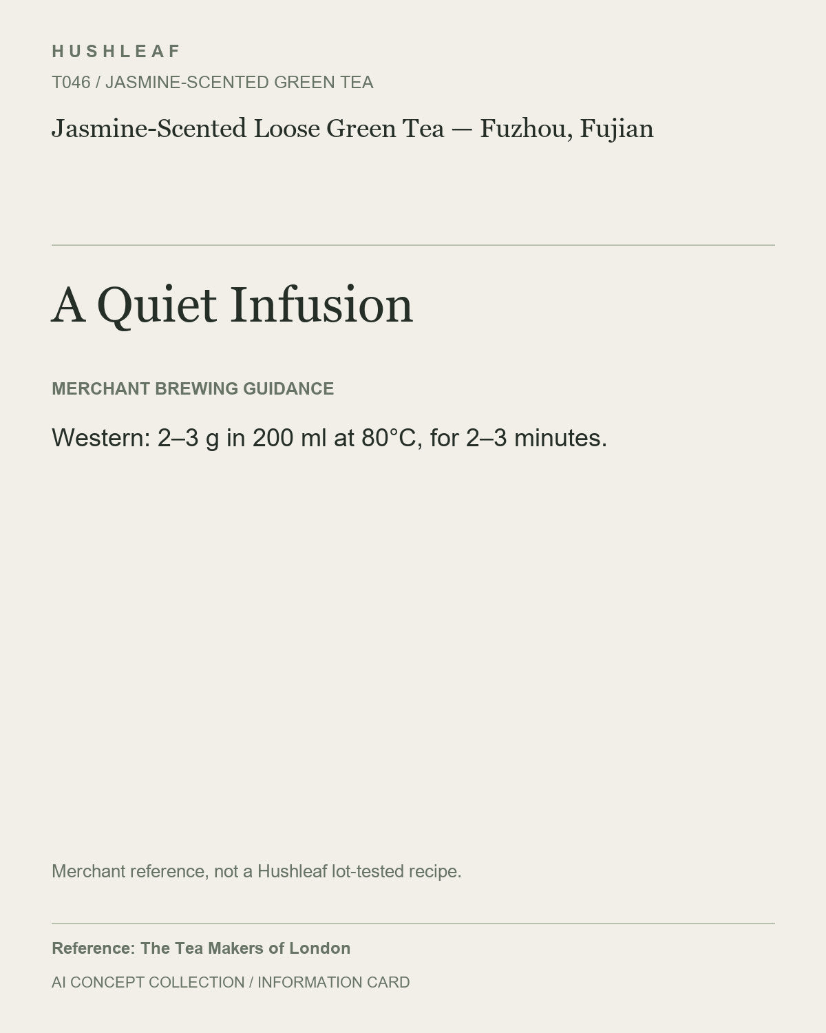 AI concept collection — brewing information card — Jasmine-Scented Loose Green Tea — Fuzhou, Fujian