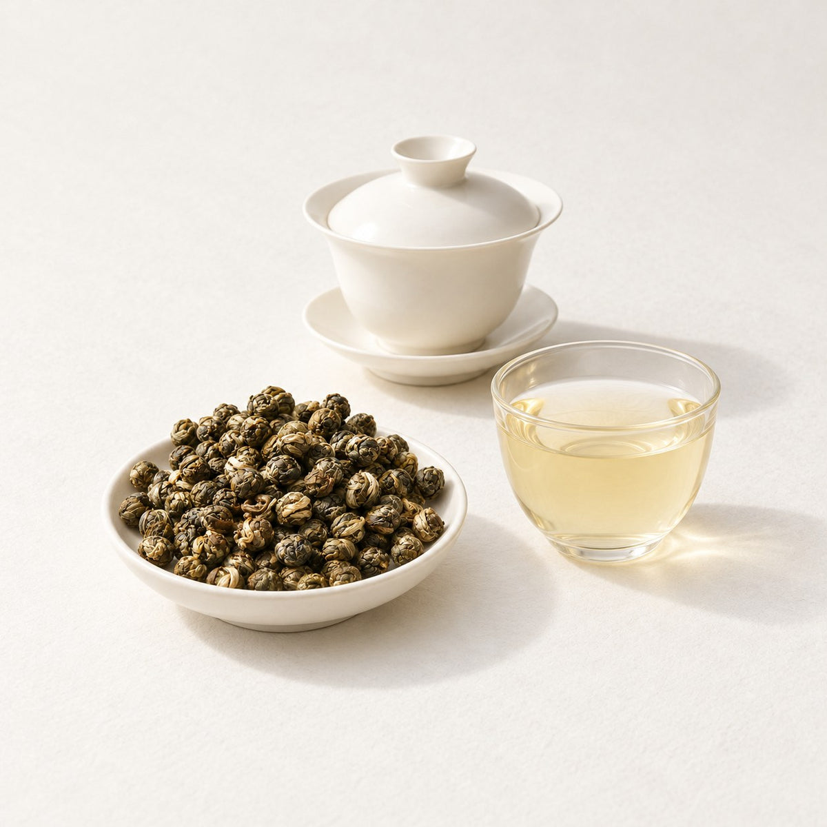 AI brewing scene concept — Jasmine Dragon Pearls Green Tea — Fuzhou, Fujian