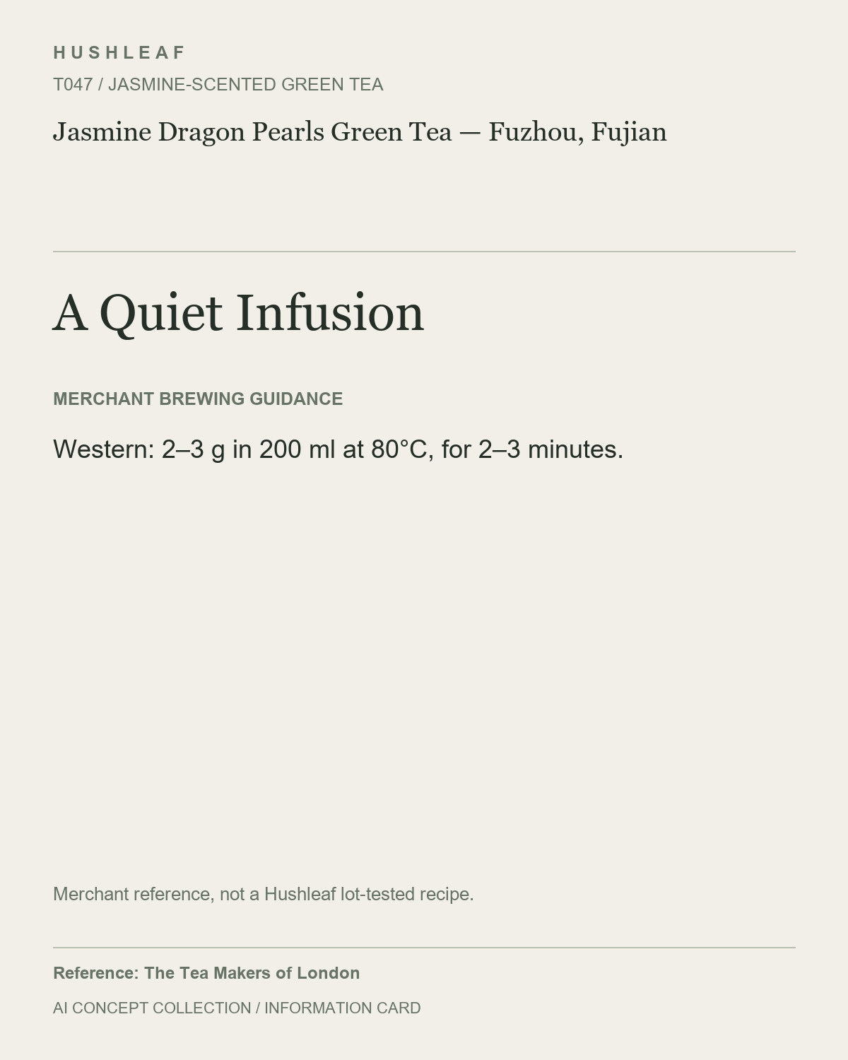 AI concept collection — brewing information card — Jasmine Dragon Pearls Green Tea — Fuzhou, Fujian