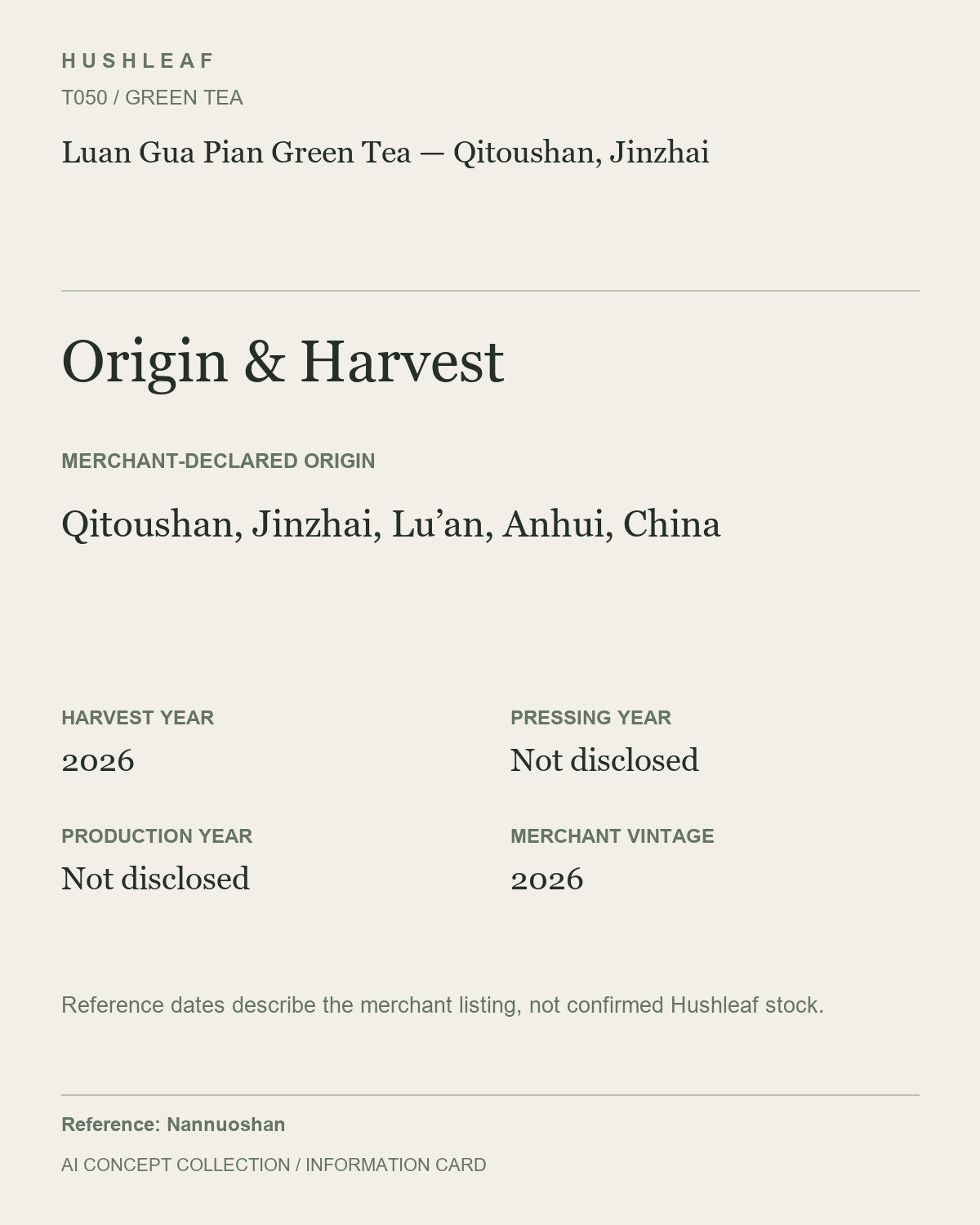 AI concept collection — origin harvest information card — Luan Gua Pian Green Tea — Qitoushan, Jinzhai