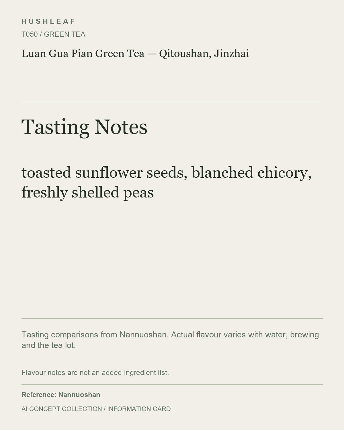 AI concept collection — tasting information card — Luan Gua Pian Green Tea — Qitoushan, Jinzhai