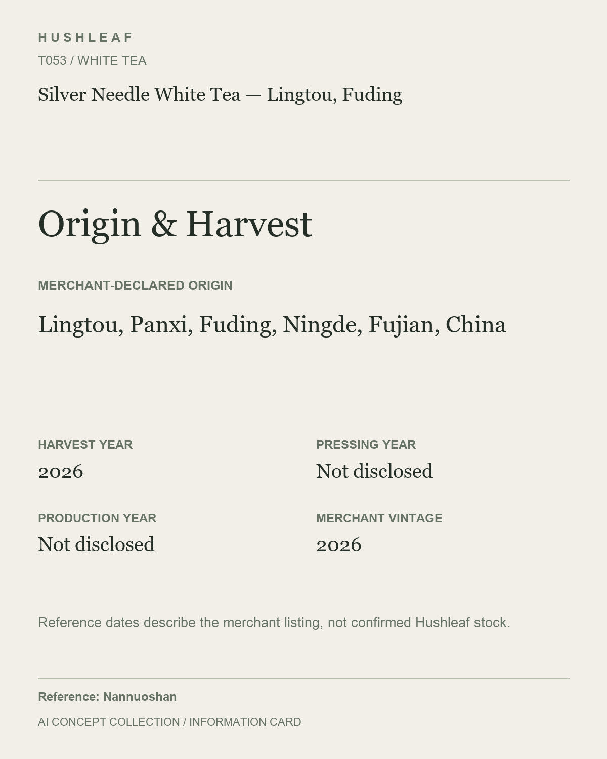 AI concept collection — origin harvest information card — Silver Needle White Tea — Lingtou, Fuding