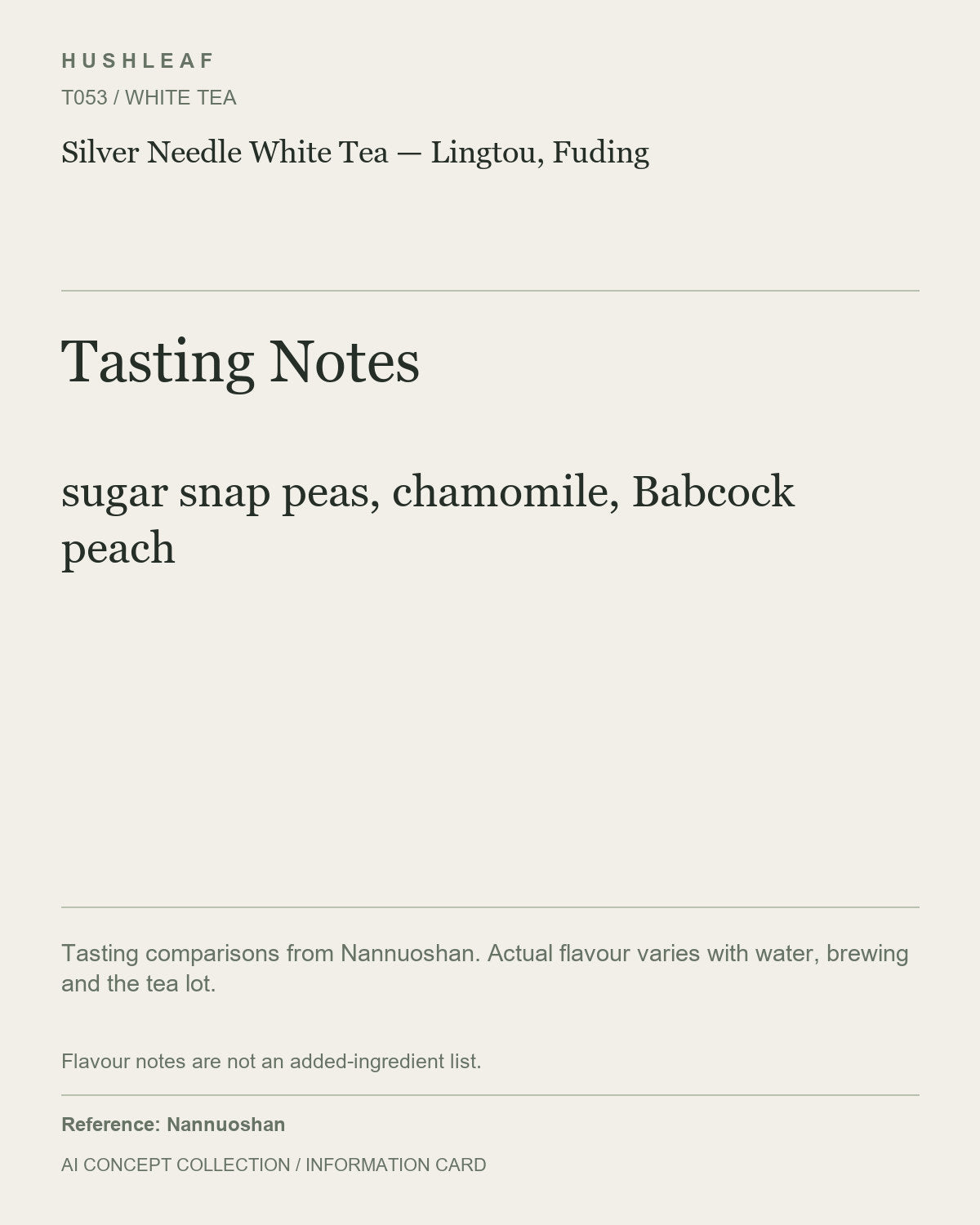 AI concept collection — tasting information card — Silver Needle White Tea — Lingtou, Fuding