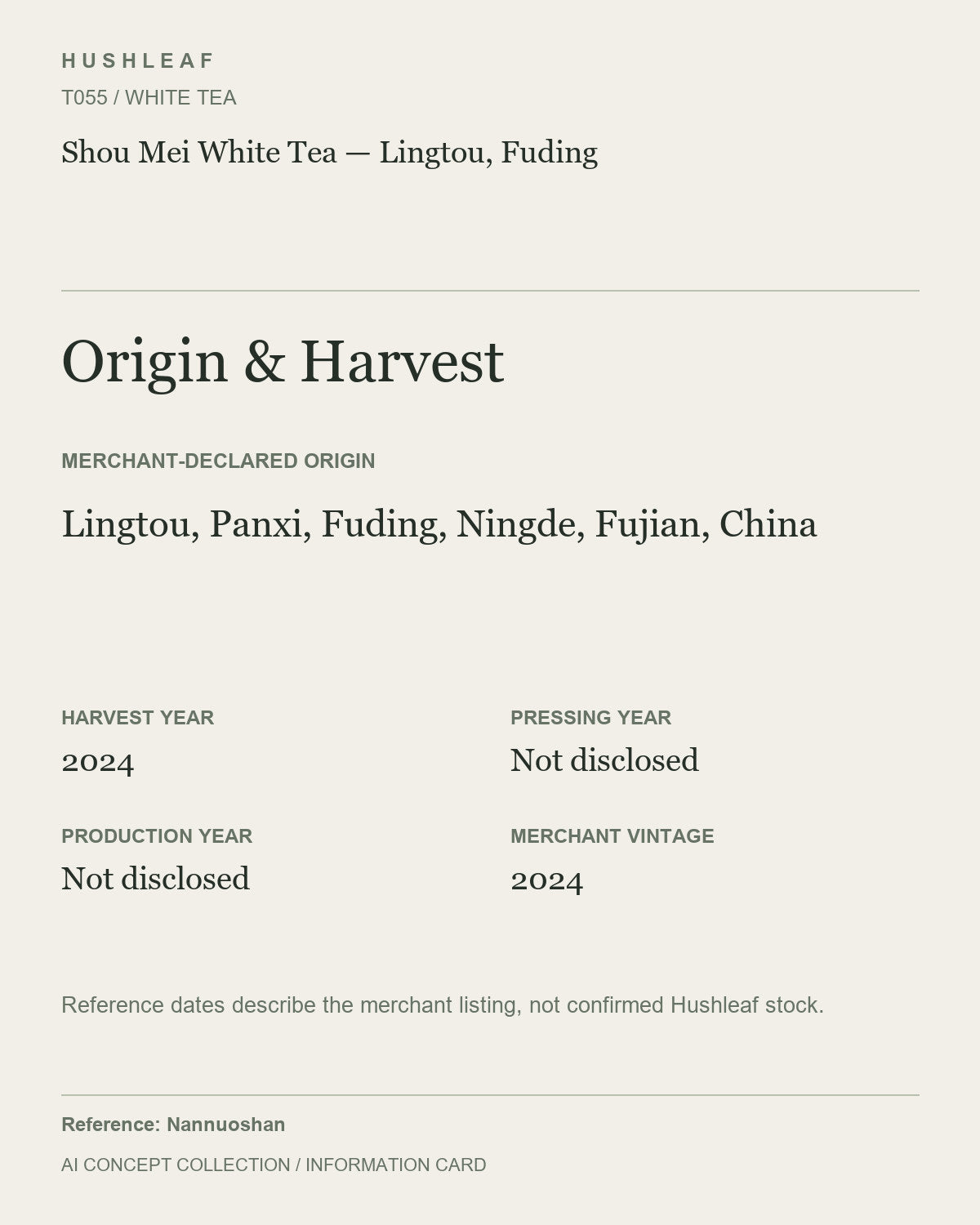 AI concept collection — origin harvest information card — Shou Mei White Tea — Lingtou, Fuding