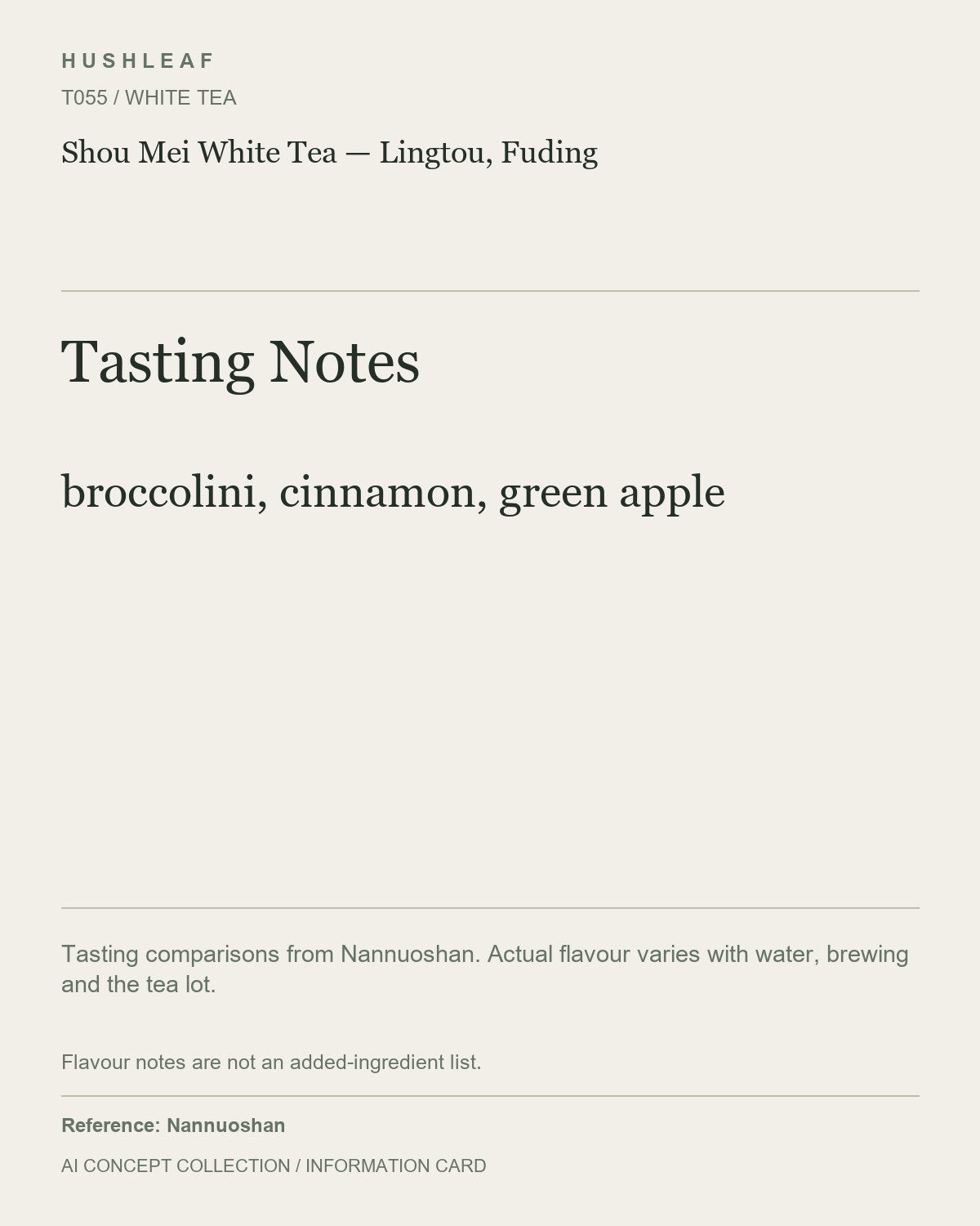AI concept collection — tasting information card — Shou Mei White Tea — Lingtou, Fuding