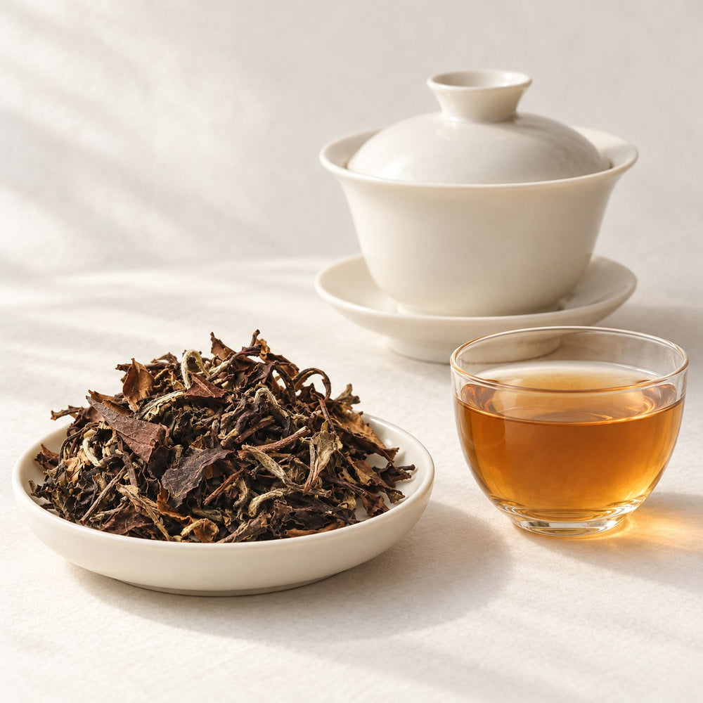 AI brewing scene concept — Aged Shou Mei White Tea — Dayangshan