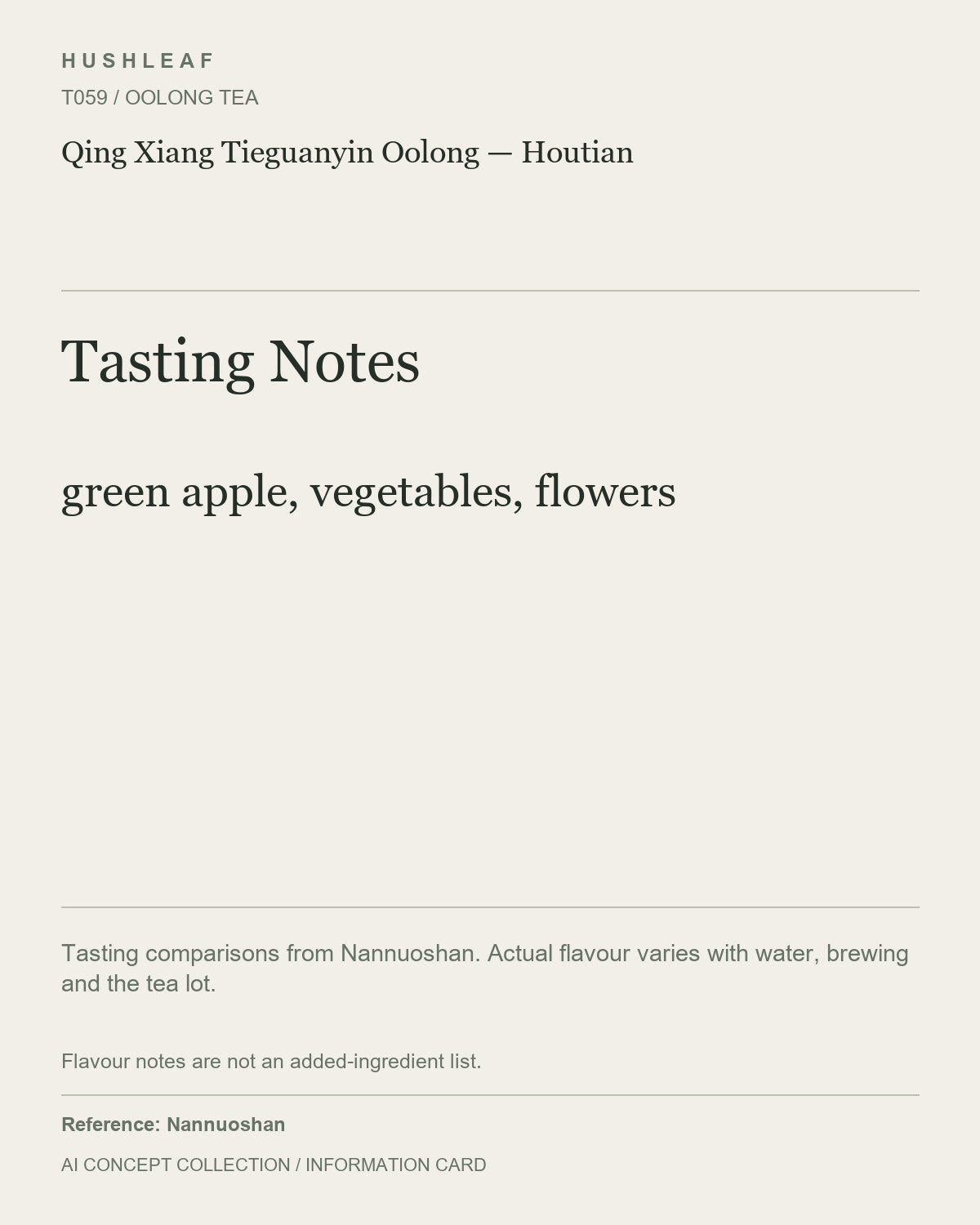 AI concept collection — tasting information card — Qing Xiang Tieguanyin Oolong — Houtian