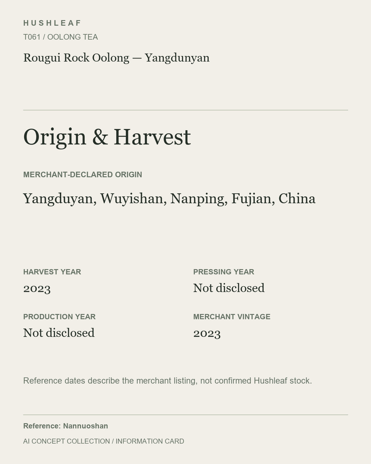 AI concept collection — origin harvest information card — Rougui Rock Oolong — Yangdunyan