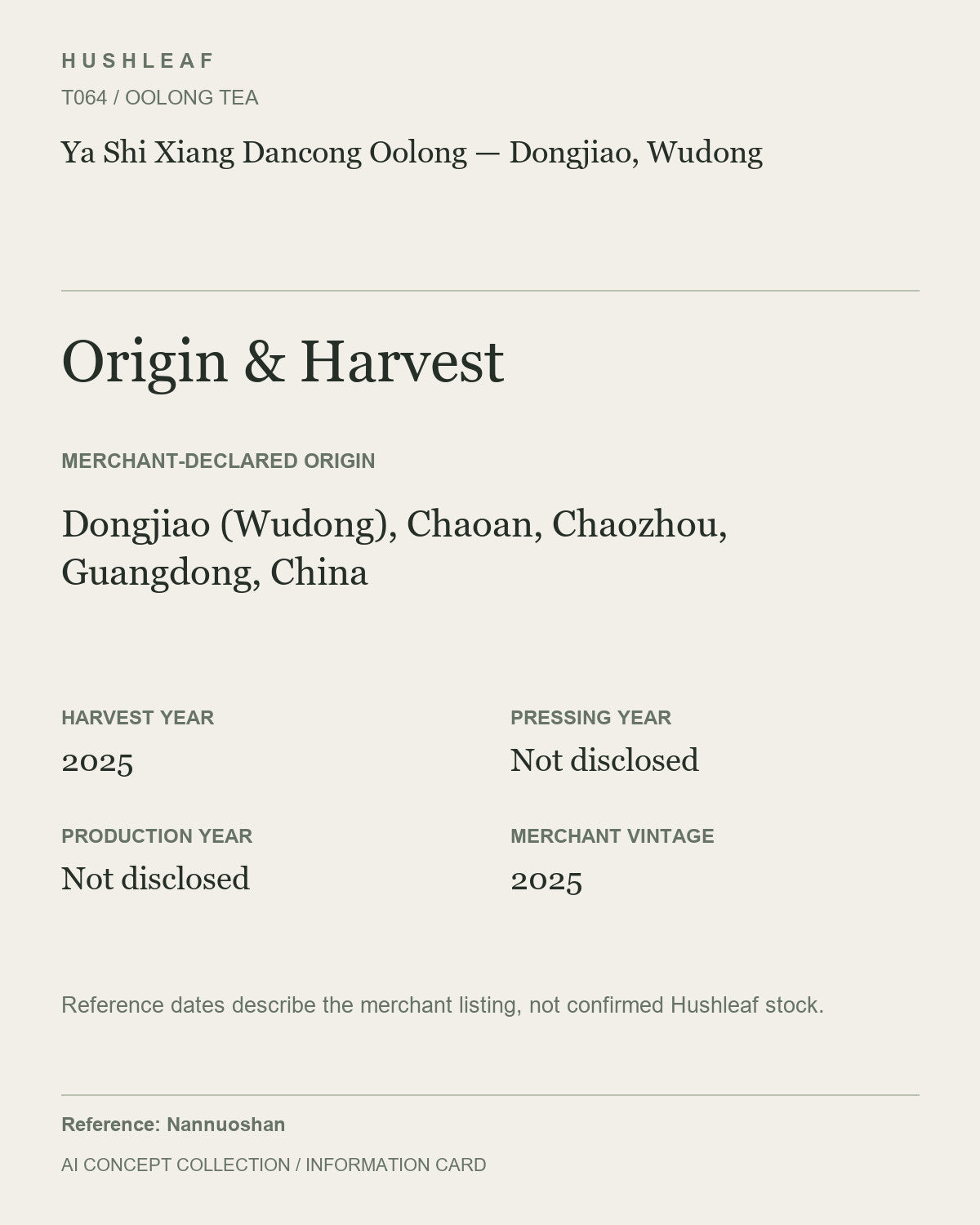 AI concept collection — origin harvest information card — Ya Shi Xiang Dancong Oolong — Dongjiao, Wudong