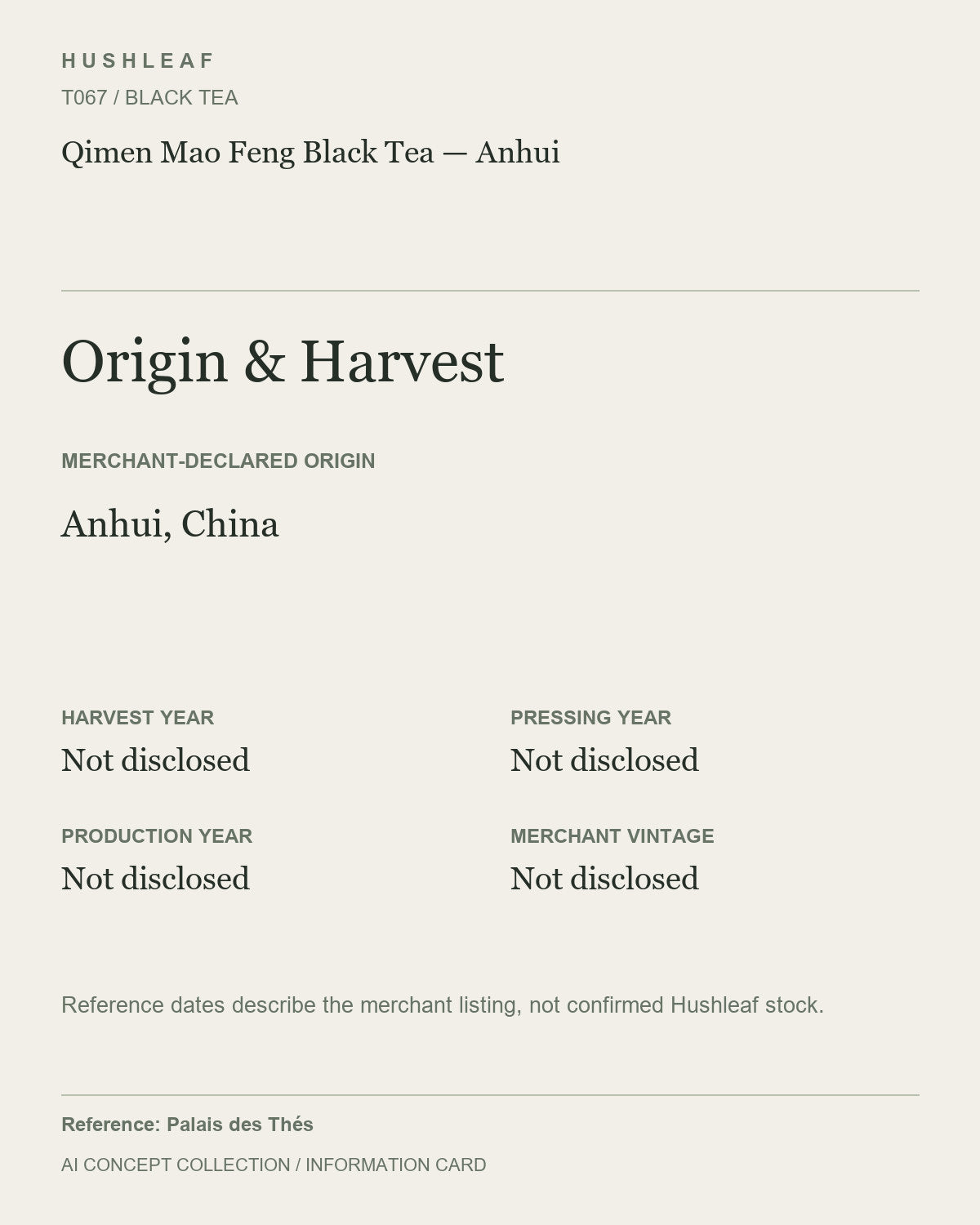 AI concept collection — origin harvest information card — Qimen Mao Feng Black Tea — Anhui