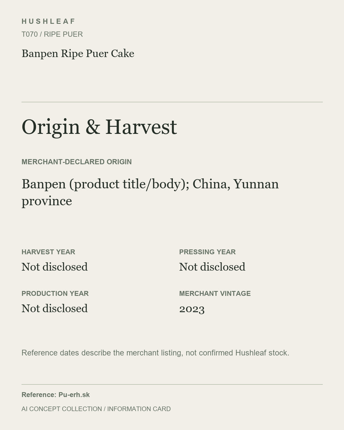 AI concept collection — origin harvest information card — Banpen Ripe Puer Cake