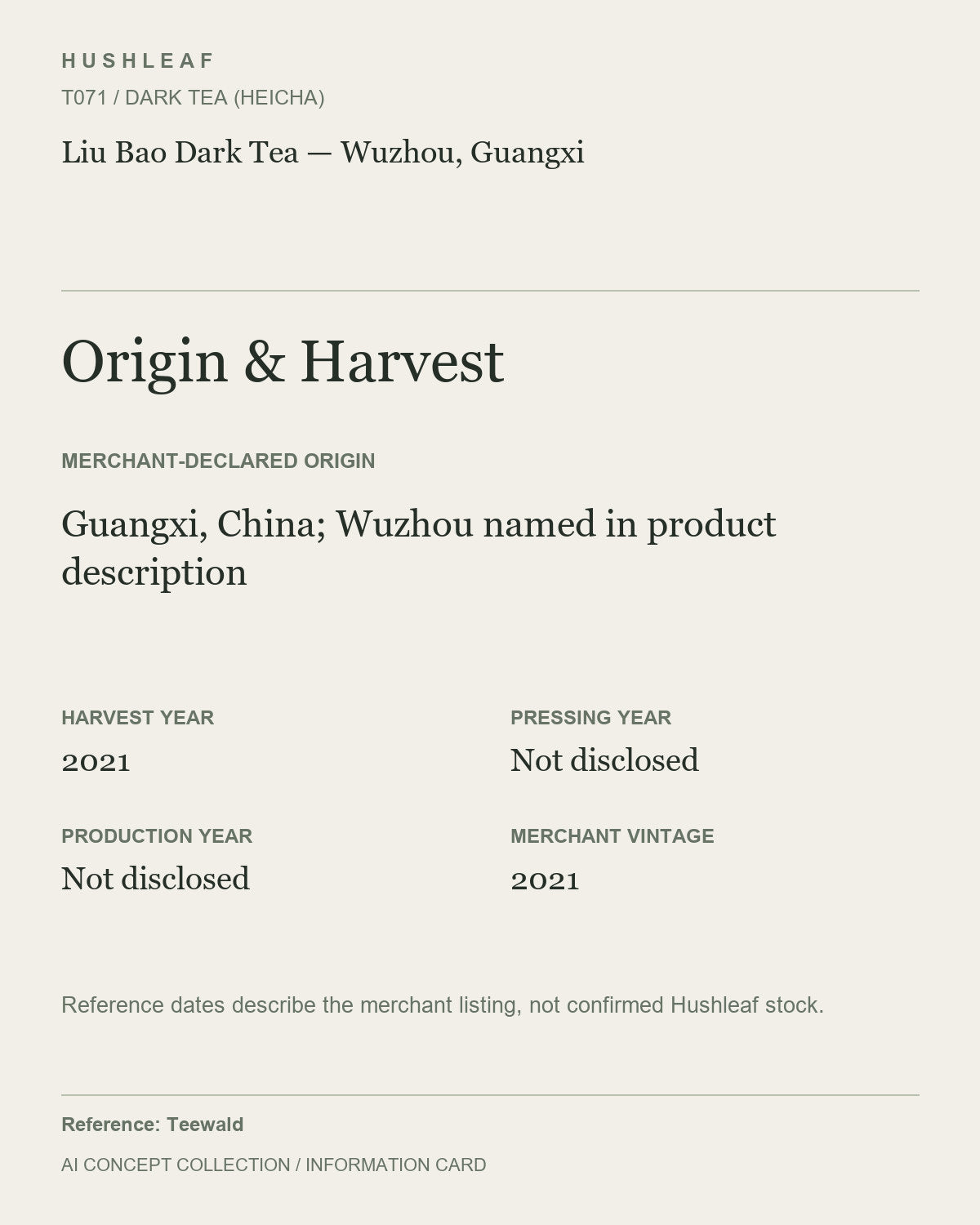 AI concept collection — origin harvest information card — Liu Bao Dark Tea — Wuzhou, Guangxi