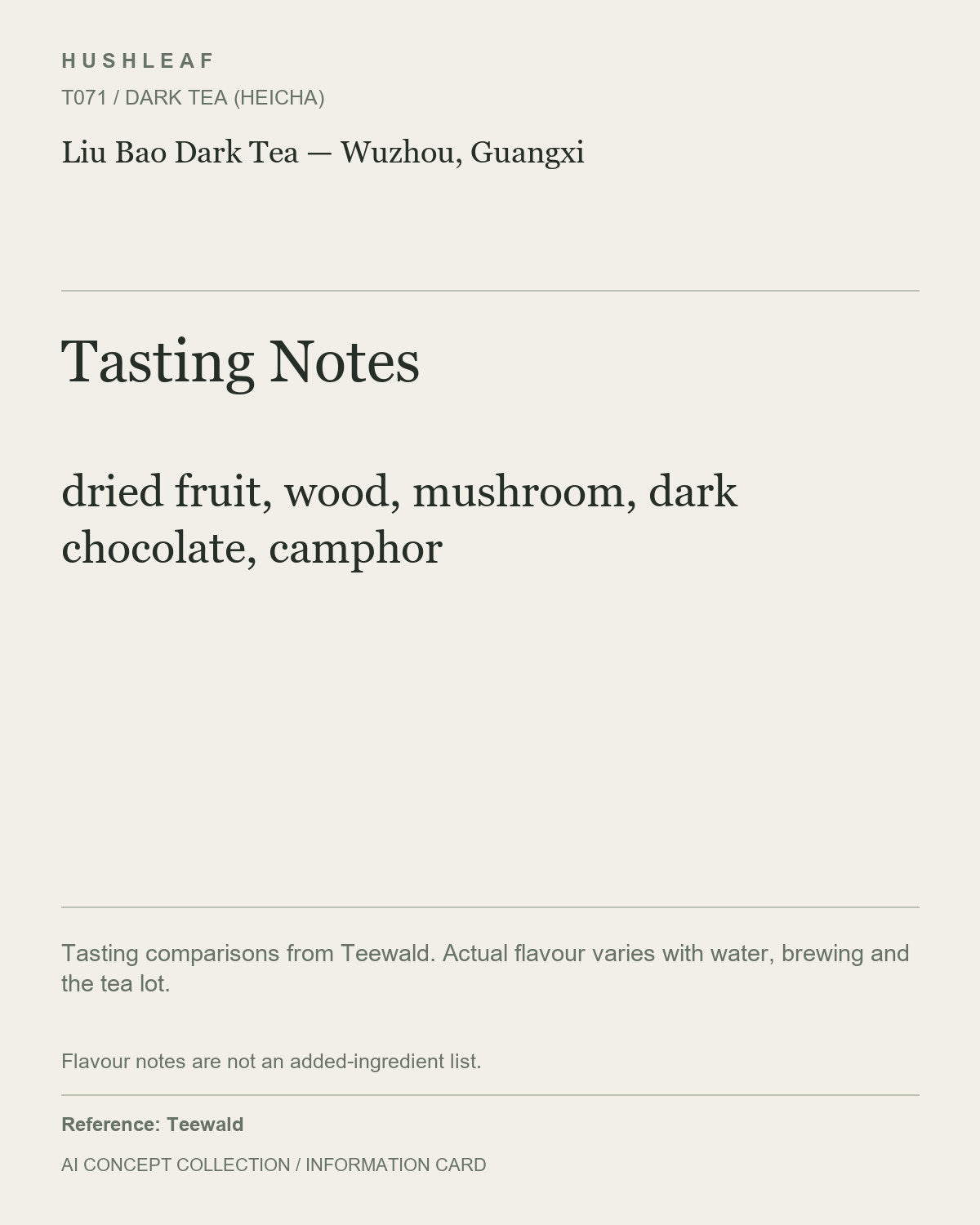 AI concept collection — tasting information card — Liu Bao Dark Tea — Wuzhou, Guangxi