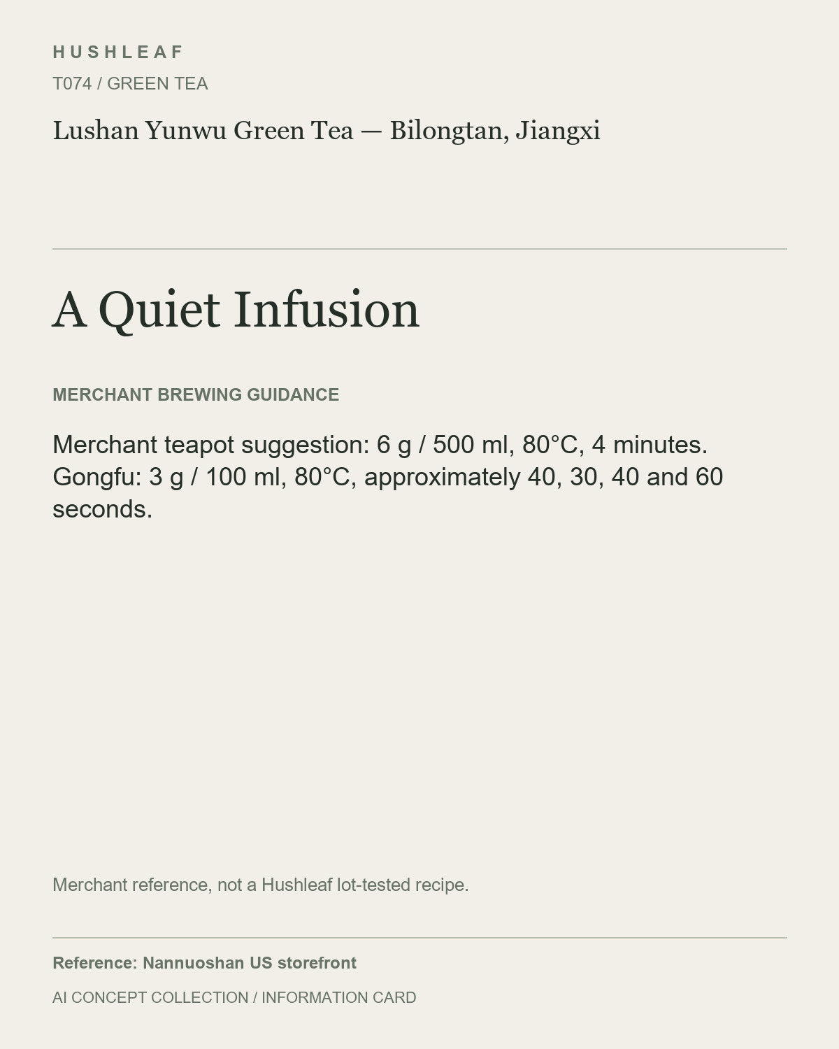 AI concept collection — brewing information card — Lushan Yunwu Green Tea — Bilongtan, Jiangxi