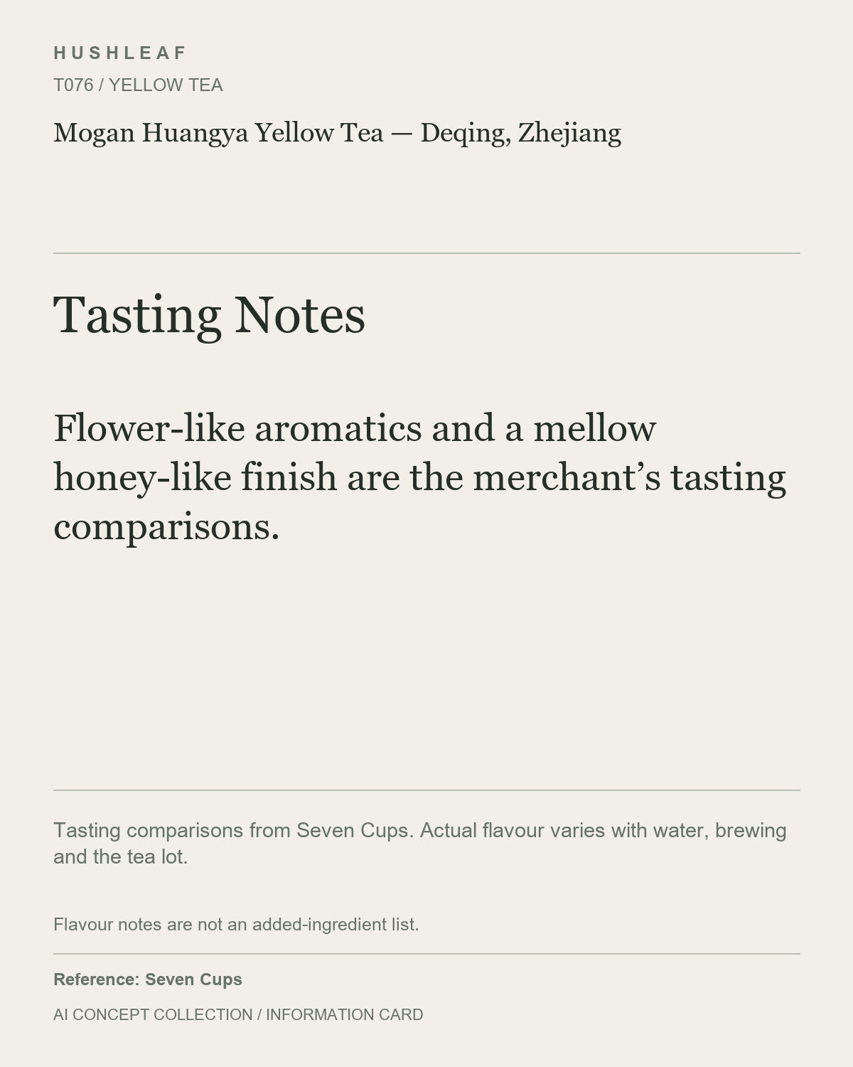 AI concept collection — tasting information card — Mogan Huangya Yellow Tea — Deqing, Zhejiang