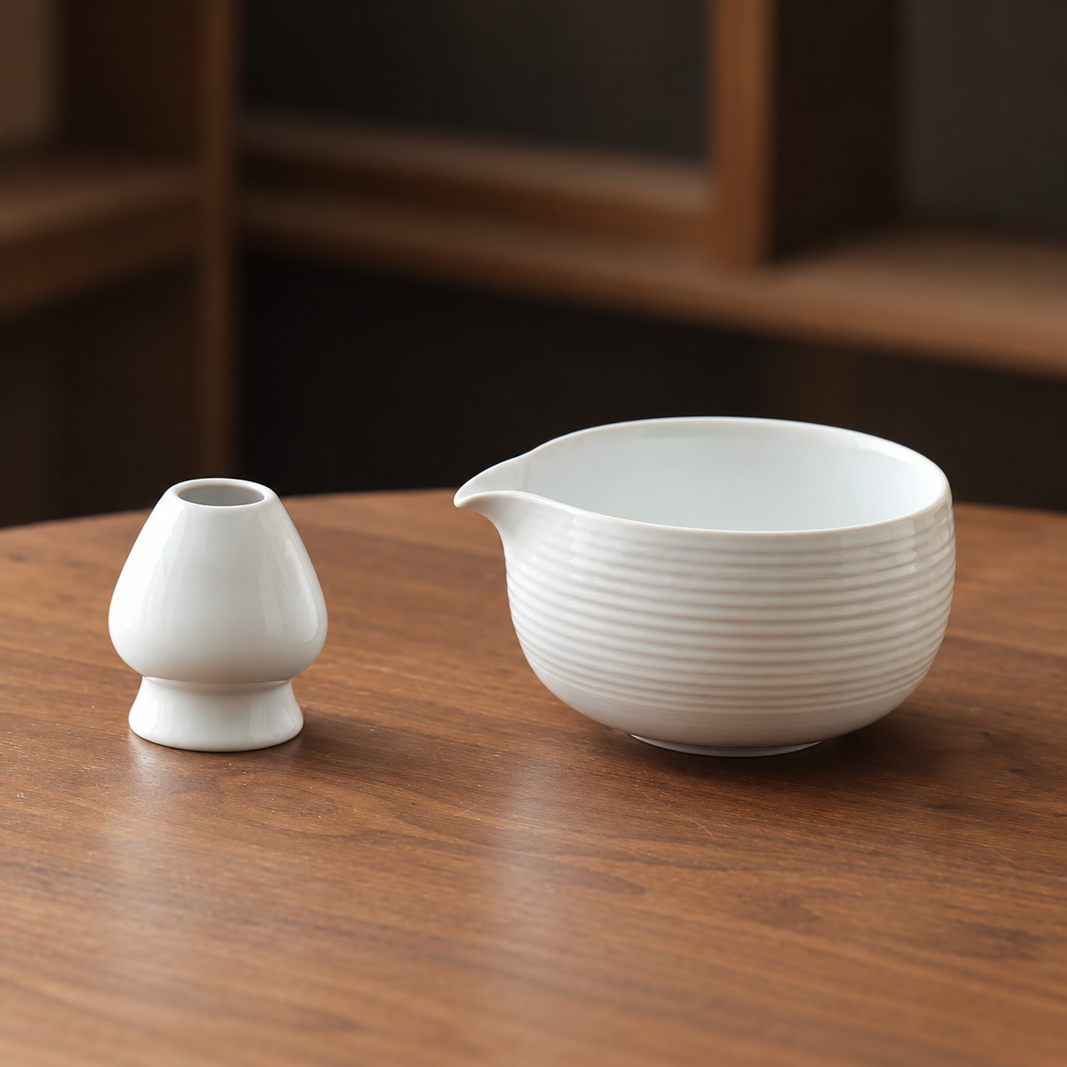 Moon White — Ribbed Bowl & Whisk Stand