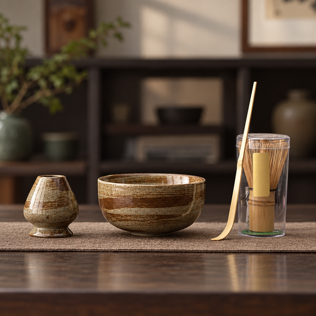Half-Moon Autumn Brown — Four-Piece Bamboo Whisk Set