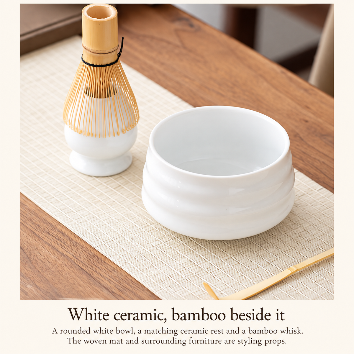 White ceramic, bamboo beside it