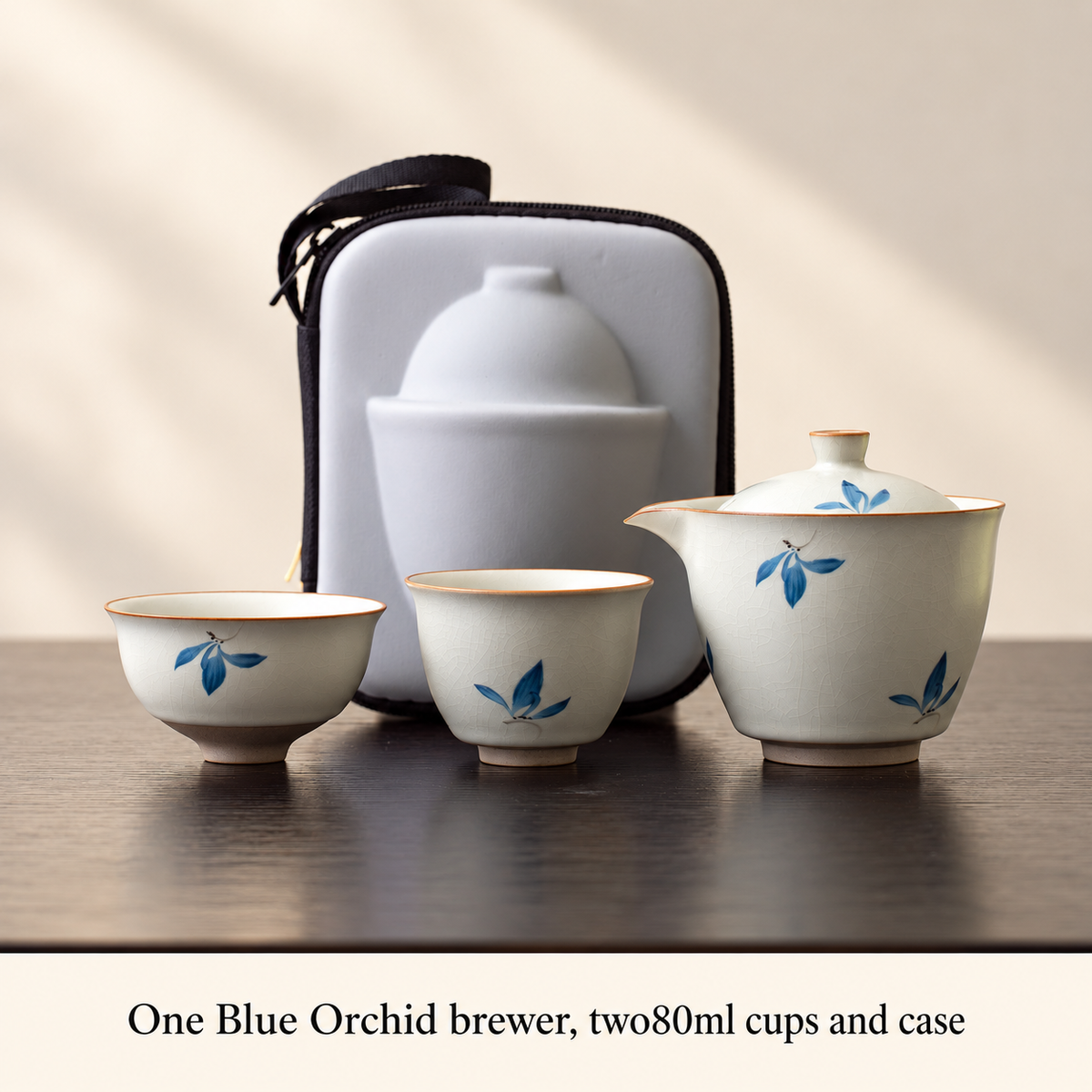 Blue Orchid Tea Set — Two Cups and Case